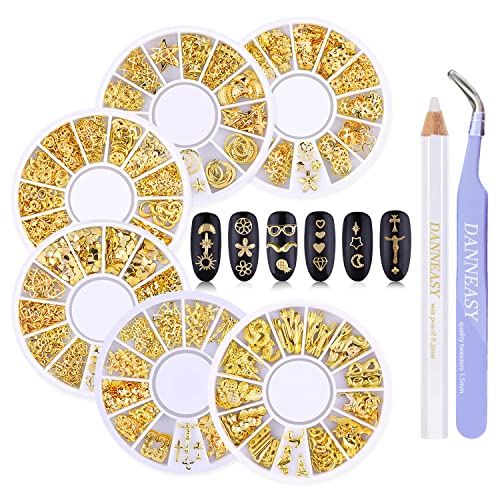 DANNEASY 3D Gold Nail Charms - 1200pcs Metal Nail Studs & Jewels for Acrylic Nails, DIY Nail Art Decorations - Perfect for Manicure, Nail Salon, Home Nail Art, Wedding & Party Nail Designs (6 Boxes)