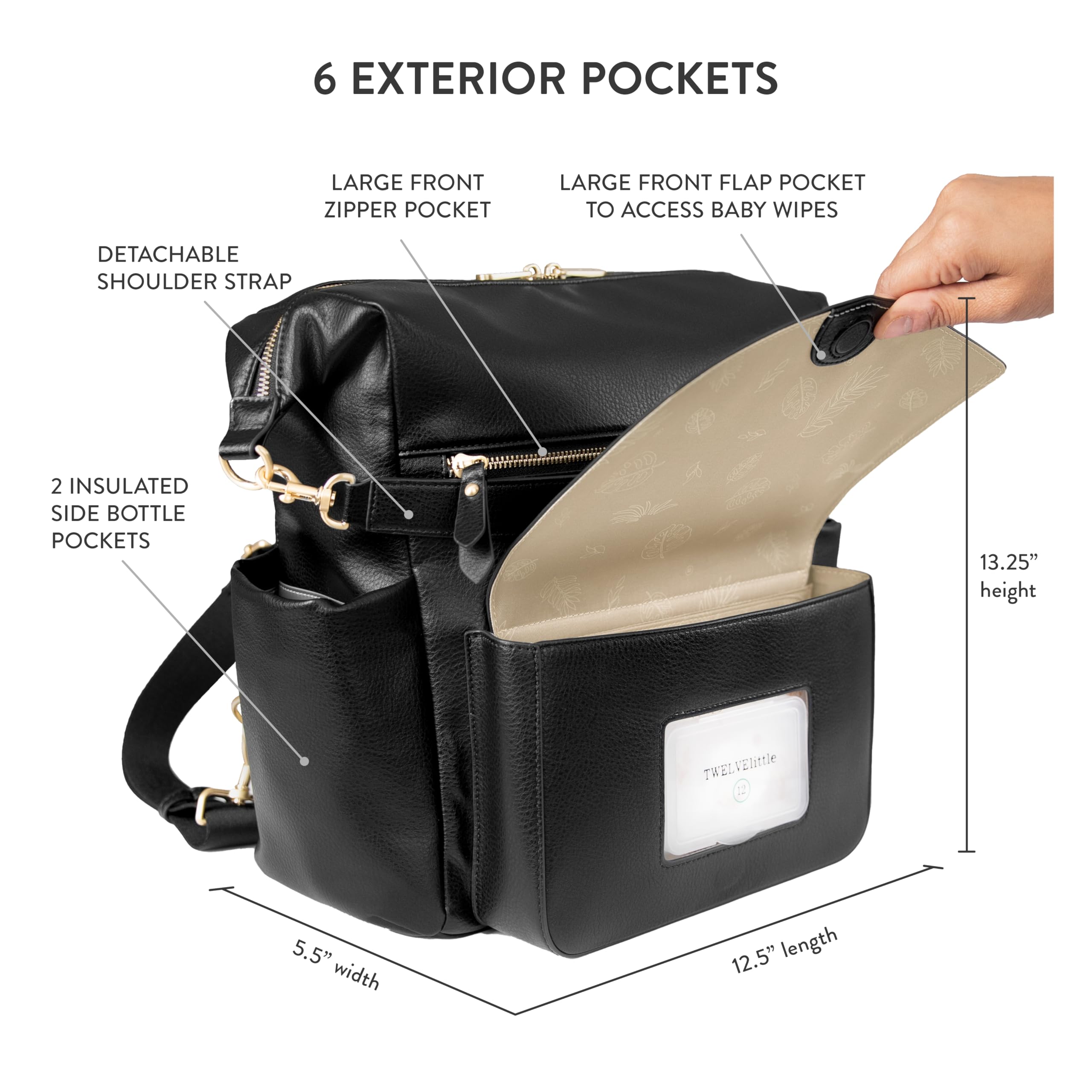 TWELVElittle Peek A Boo Convertible Hobo Diaper Bag Backpack - Vegan Leather with Changing Pad, Wipes Case & Stroller Clips (Black) | Perfect for Moms, Baby Essentials Storage & On-the-Go Parenting