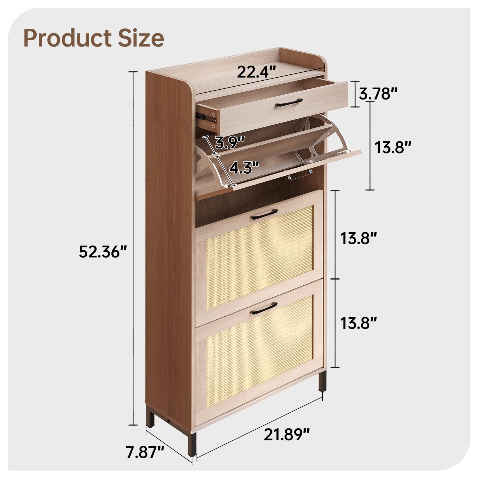 Rattan Shoe Storage Cabinet with 3 Flip Drawers & 1 Drawer - Narrow Freestanding Shoe Organizer for Entryway, Hallway, Living Room & Bedroom - Slim Hidden Shoe Cabinet with Metal Legs - Perfect for Small Spaces & Clutter-Free Home Organization