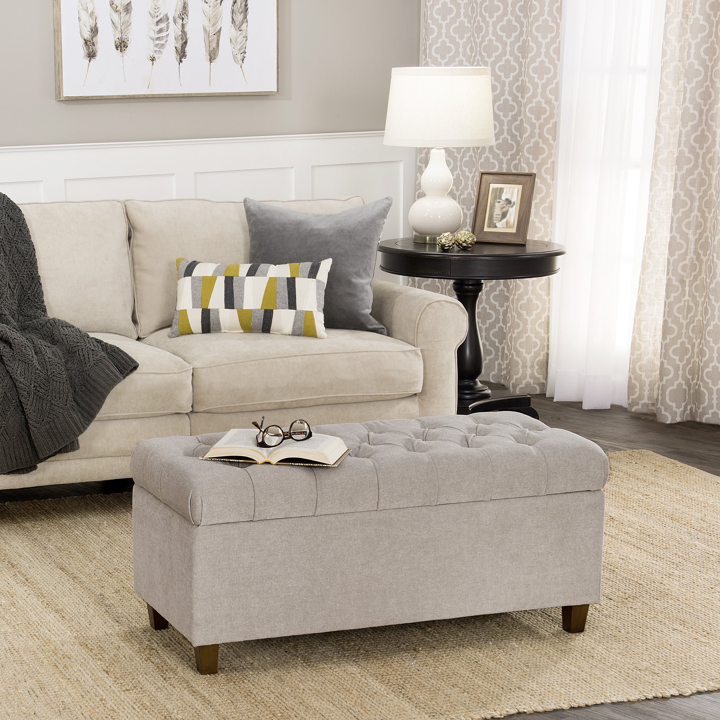 Homepop Tufted Ainsley Button Storage Ottoman Bench with Hinged Lid - Grey Upholstered Storage Ottoman for Living Room & Bedroom - Perfect for Extra Seating, Footrest & Hidden Storage Organization