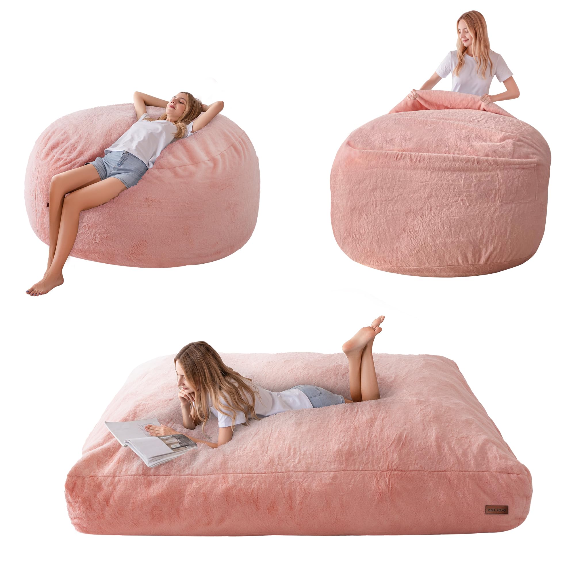 MAXYOYO Giant Faux Fur Bean Bag Chair - Convertible to Floor Mattress Bed, Pink | Ultra Soft Oversized Lounger for Living Room, Bedroom & Dorm | Perfect for Relaxing, Gaming & Sleepovers