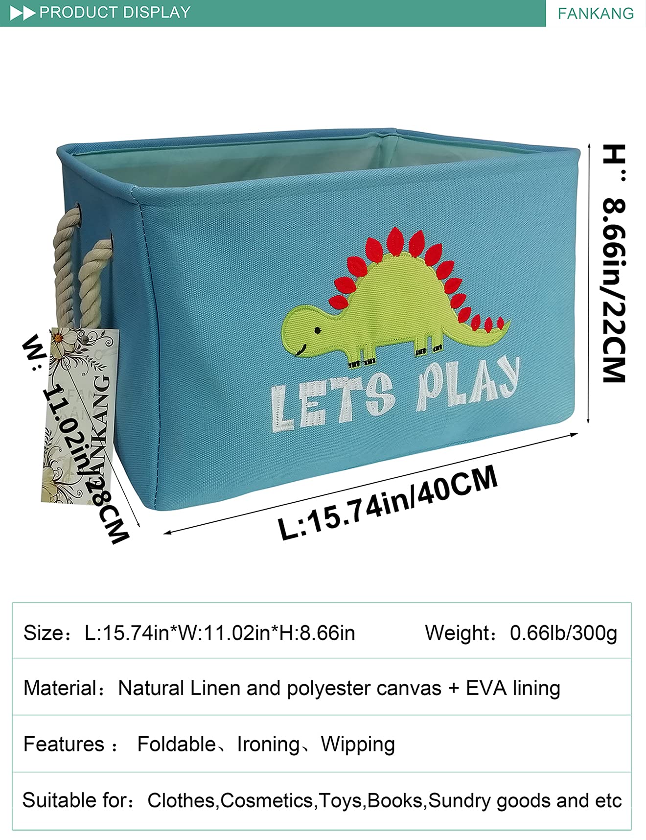 FANKANG Rectangular Laundry Basket - Nursery Storage Bin for Baby Clothes & Toys | Dinosaur Design
