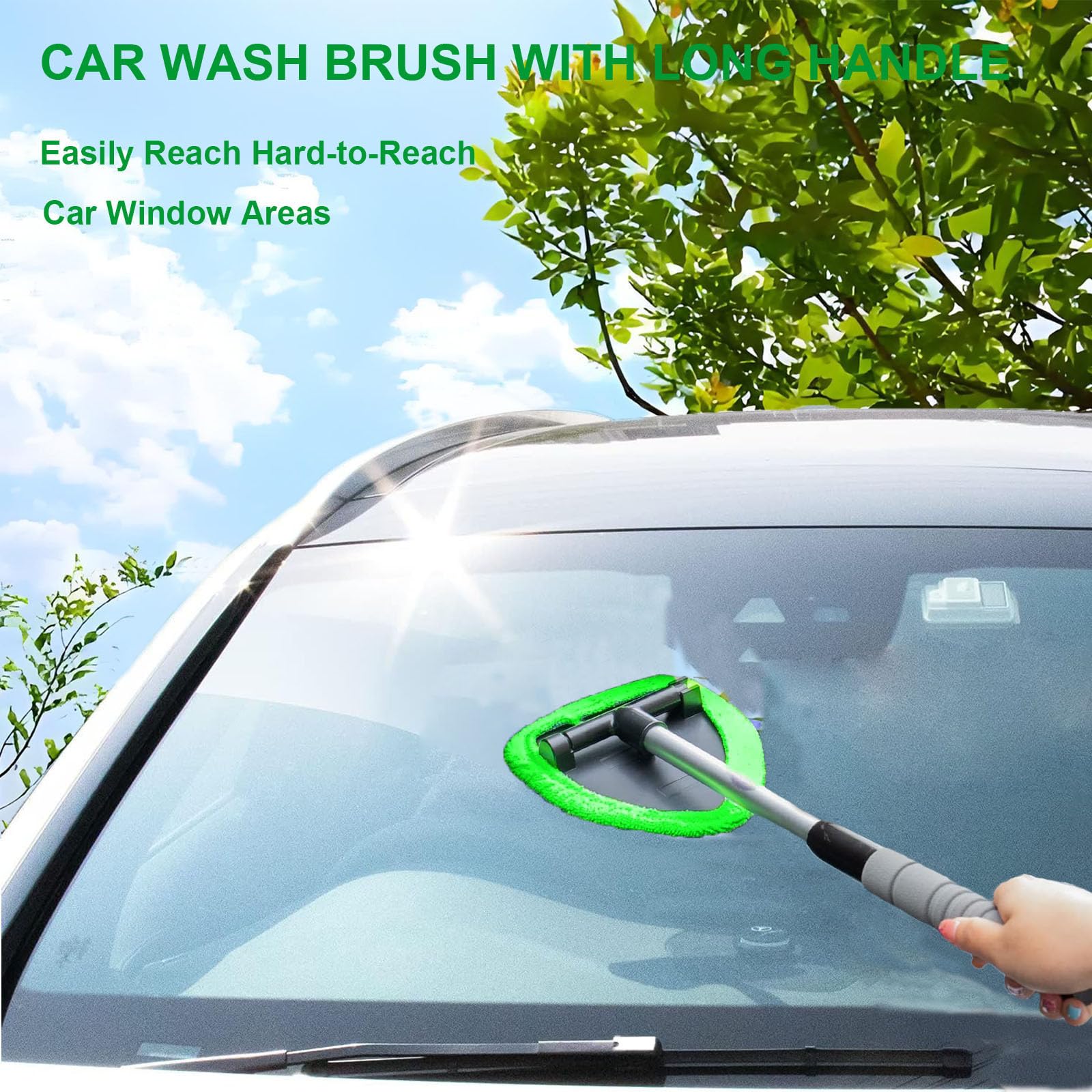 Premium Windshield Cleaning Tool - Car Window Cleaner with 4 Washable Microfiber Pads & Extendable Handle - Auto Glass Wiper Kit for Interior/Exterior Cleaning (Green) - Perfect for Cars, Trucks, SUVs and RVs