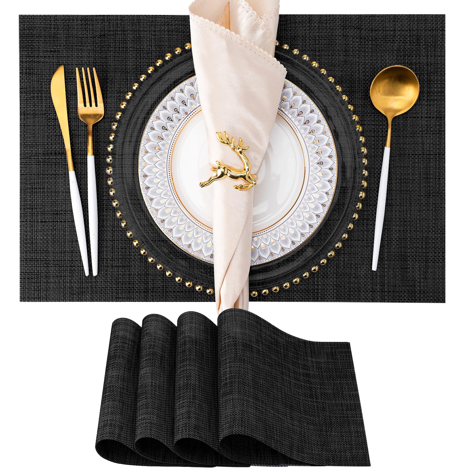 Washable Vinyl Placemats Set of 4 - PVC Woven Table Mats for Indoor & Outdoor Dining (Black) | Perfect for Kitchen, Patio, Picnic & Restaurant Use