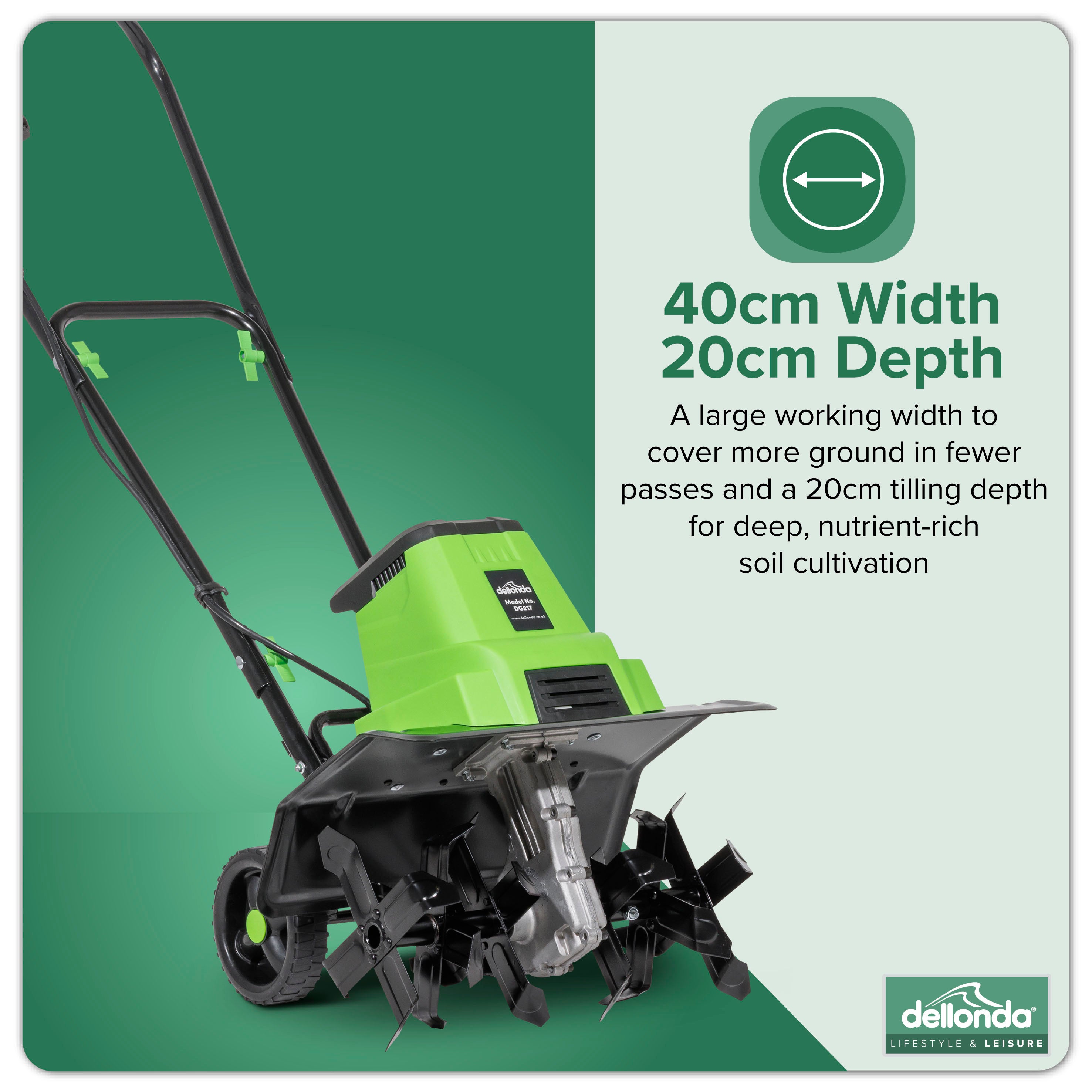 1500W Electric Tiller Cultivator - 40cm Working Width, 6 Steel Blades, 10m Power Cord - DG217 for Garden Soil Cultivation, Weed Removal & Landscaping