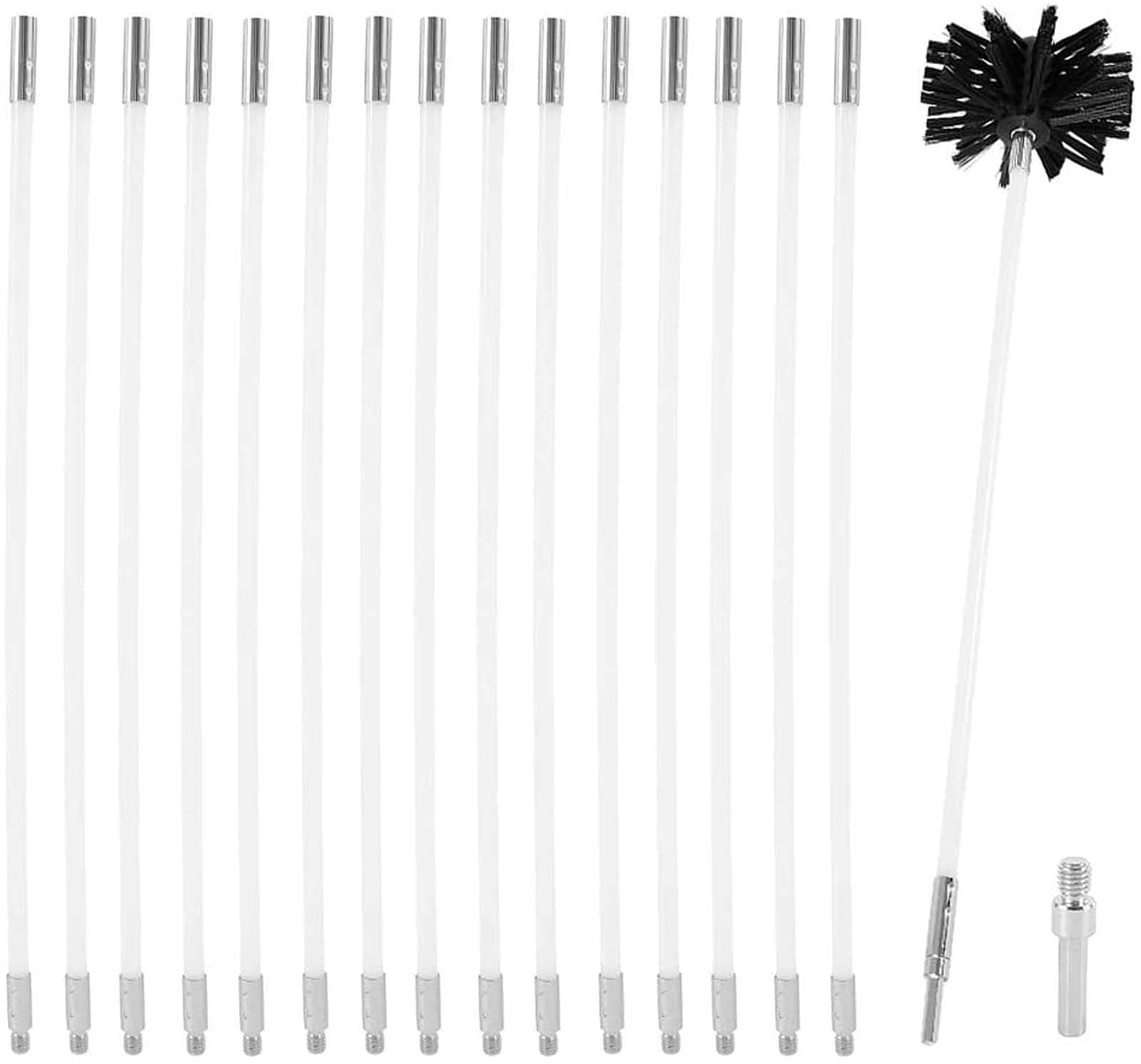 QDY Chimney Brush & Sweep Kit - 9/12/15 Flexible Rods with Electric Rotary Drill Attachment for Dryer Vent/Duct Cleaning (410mm, 15 Rods Included) - Perfect for Fireplace Maintenance & Home Ventilation System Cleaning
