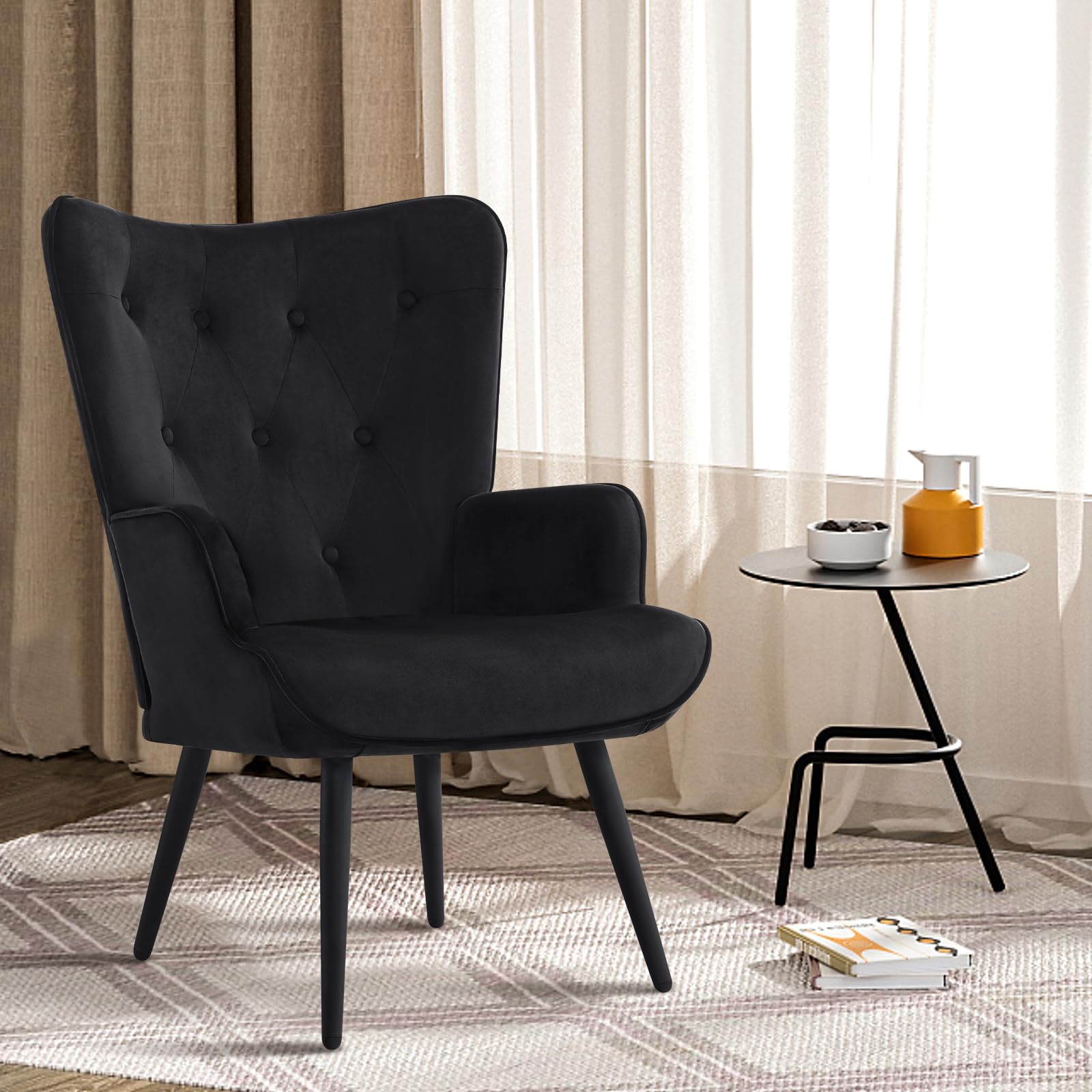 Furnimart Black Velvet Accent Chair - Mid Century Modern Living Room Armchair with Comfortable Cushion | Stylish Wingback Design for Office, Study, Bedroom, Vanity & Waiting Room | Perfect for Relaxing, Reading & Home Decor