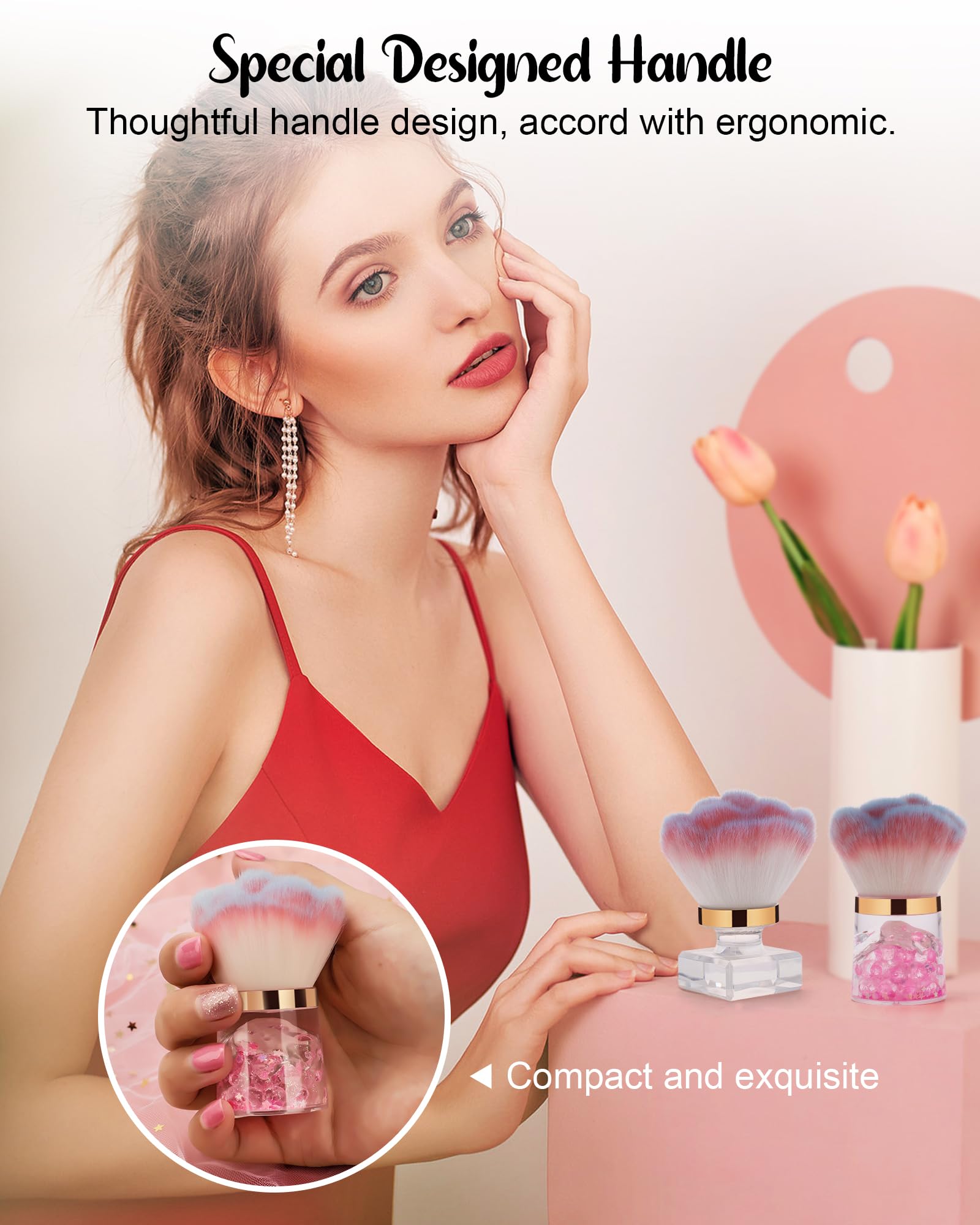 Pink Rose Nail Dust Brush for Acrylic Nails - Dust Collector & Makeup Brush for Nail Art & Beauty