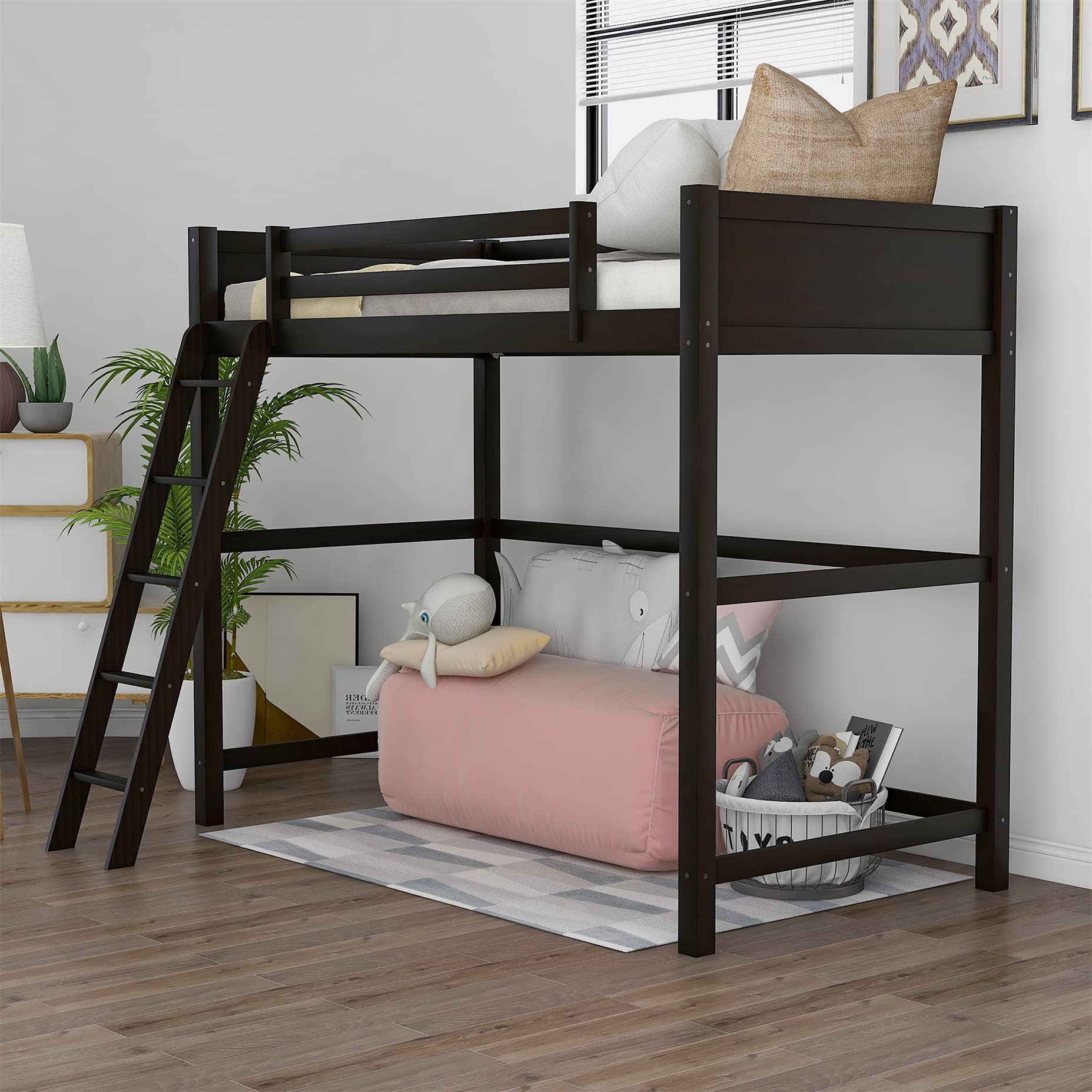 Harper & Bright Designs Twin Size Wooden Loft Bed with Ladder - Sturdy Bed Frame for Kids, Teens & Adults in Espresso Finish | Perfect for Small Rooms, Dormitories & Space-Saving Bedroom Solutions