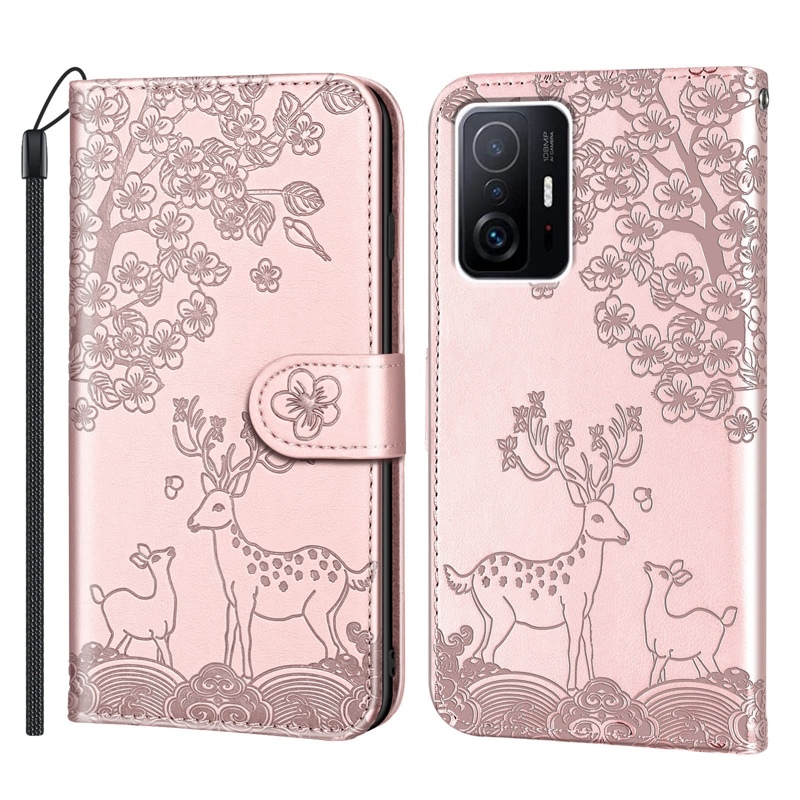 Premium PU Leather Flip Wallet Case for Xiaomi 11T - Rose Gold Embossed Plum Flower Deer Design with Card Slots & Stand Feature | Stylish Protective Phone Cover for Work, Travel & Daily Use