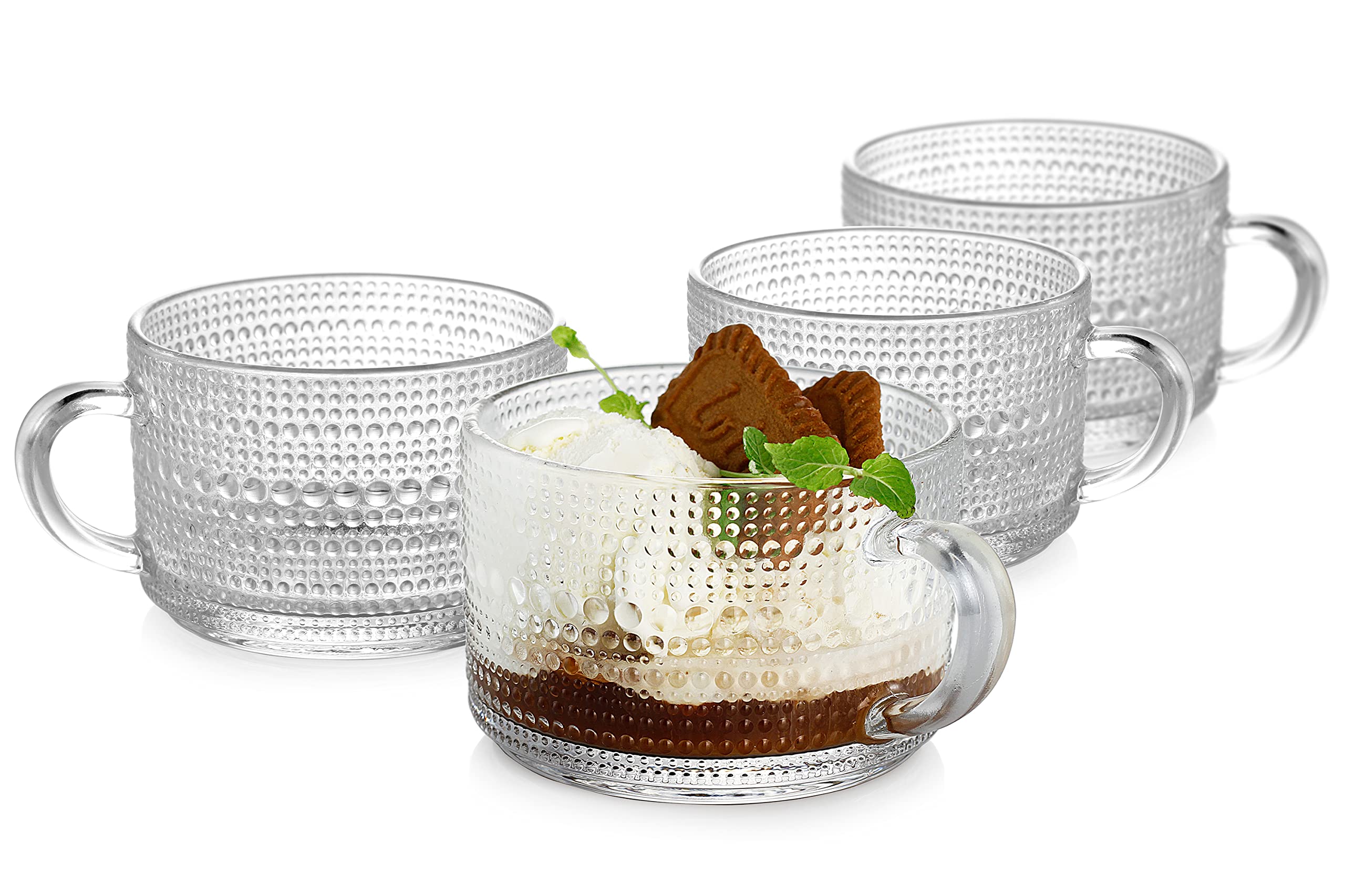 Vintage Glass Coffee Mugs Set of 4 - 14oz Stackable Clear Drinking Glasses for Latte, Cappuccino, Tea, Hot & Cold Beverages - Perfect for Breakfast, Office, Restaurant & Home Use