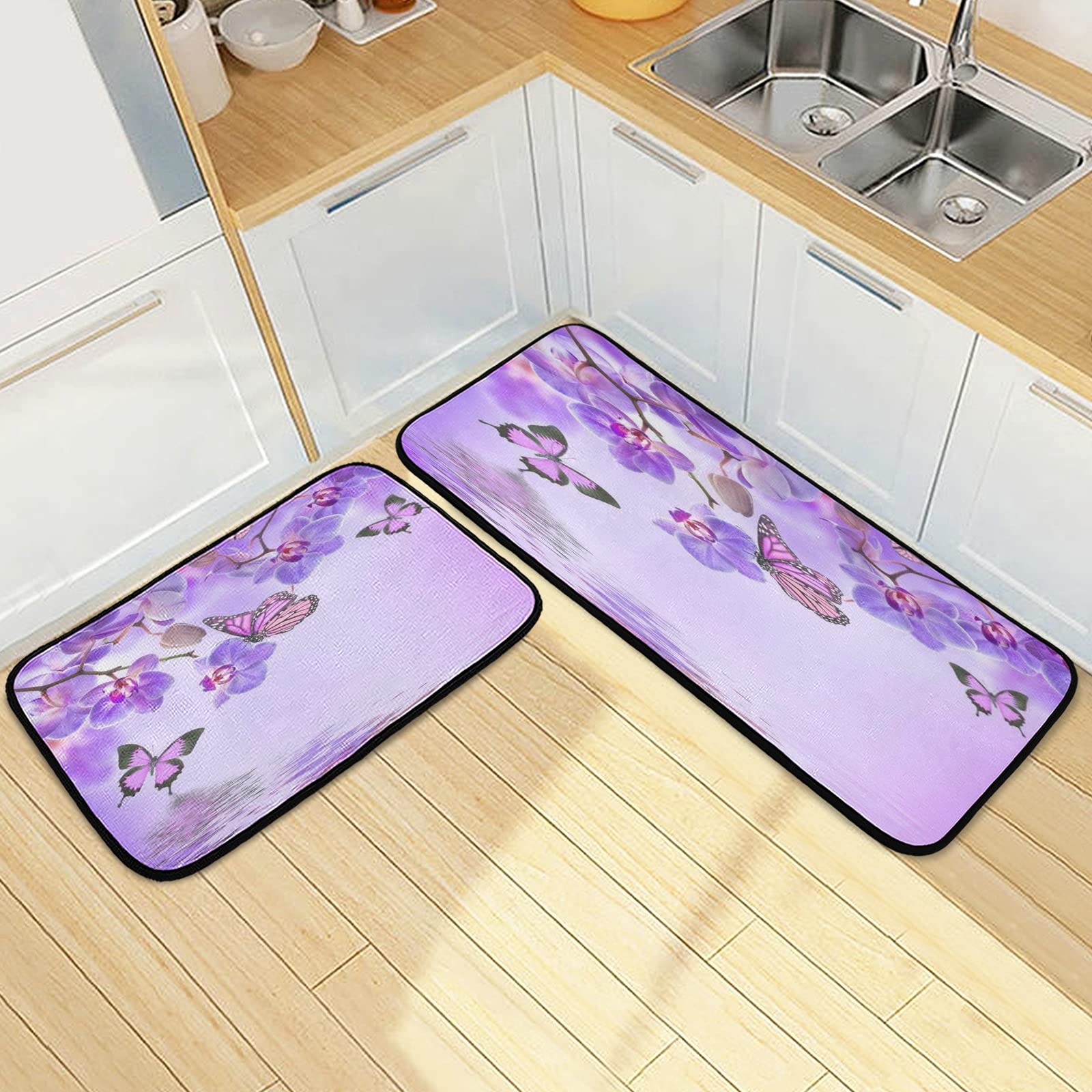 Anti-Slip Flower Butterfly Kitchen Rug Set - Washable Comfort Foam Floor Mats for Bathroom, Kitchen & Entryway | Non-Skid Indoor/Outdoor Welcome Doormats - Home Decor & Anti-Fatigue Standing Mat (Perfect for Kitchens, Bathrooms, Front Doors & High-Traffic Areas)