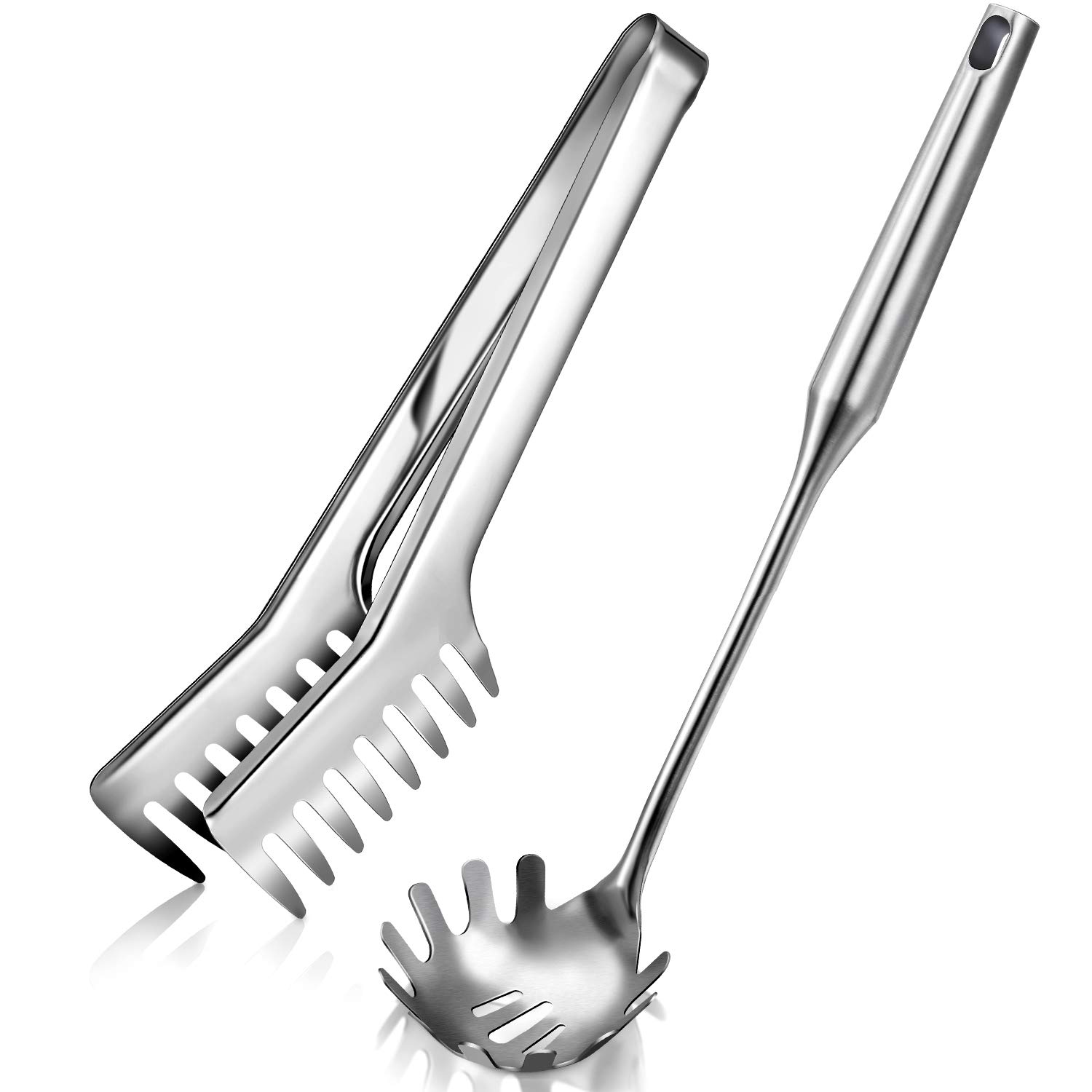 Patelai 2-Piece Stainless Steel Pasta Spoon Set - 9.4'' Slotted Spoon & 13.6'' Pasta Fork with Ergonomic Vacuum Handle - Premium Kitchen Utensils for Spaghetti, Lasagna & Pasta Dishes - Perfect for Cooking, Serving & Entertaining (Silver)