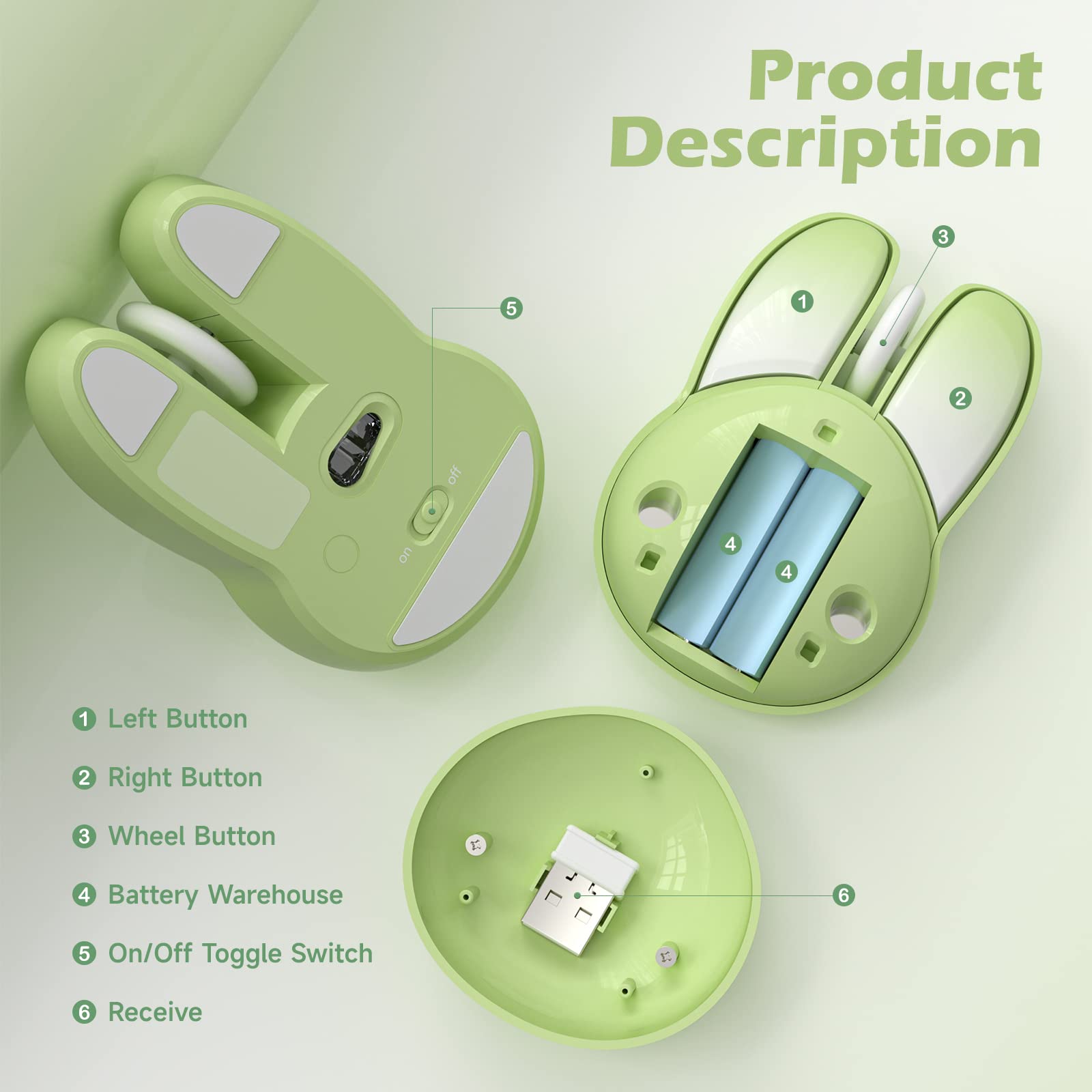 Wireless Silent Mouse with Cute Rabbit Design - 2.4GHz USB Mini Receiver, Optical Wireless Mouse for Laptop, PC, Chromebook, Notebook (Green) - Perfect for Office, Home & Quiet Workspaces
