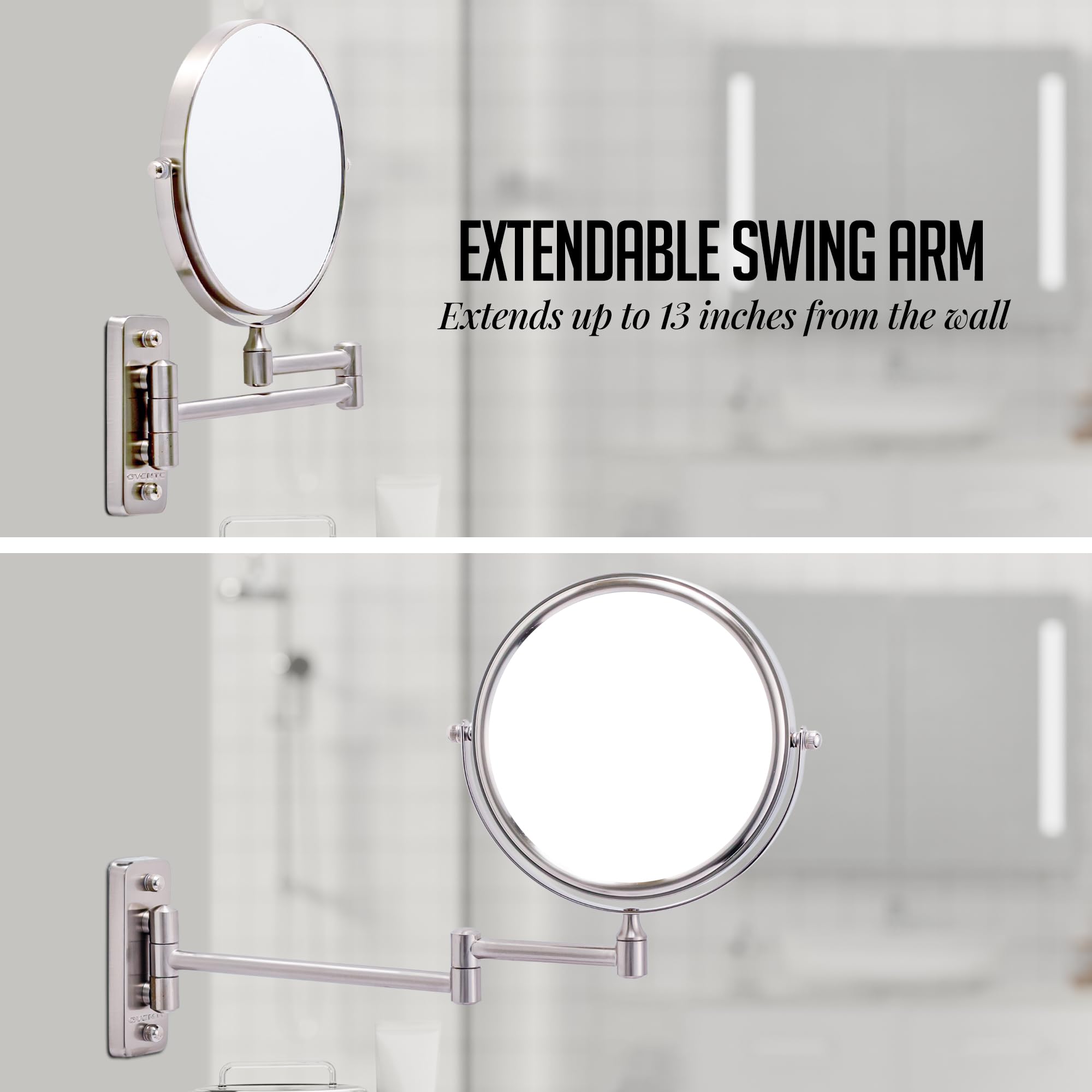 OVENTE 7-Inch Wall Mounted Makeup Mirror with 1X/10X Magnification - Double Sided Round Bathroom Vanity Mirror, 360° Swivel & Extendable Folding Arm in Brushed Nickel (MNLFW70BR1X10X) - Perfect for Makeup Application, Skincare Routine & Shaving in Small Bathrooms