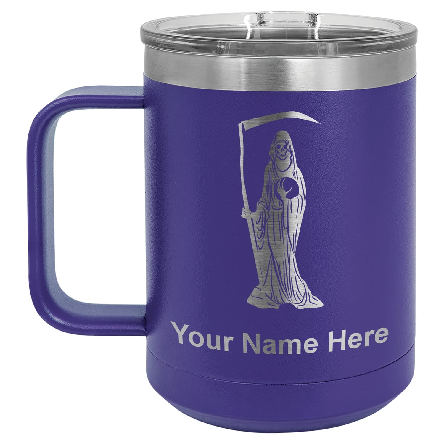 LaserGram 15oz Vacuum Insulated Stainless Steel Coffee Mug with Personalized Engraving - Santa Muerte Design in Dark Purple | Keeps Drinks Hot/Cold for Hours | Perfect for Office, Travel & Outdoor Adventures