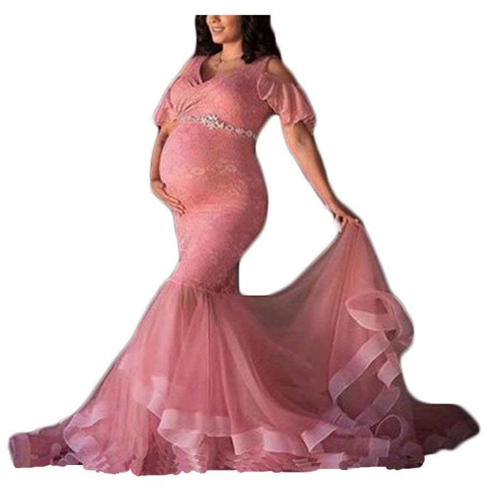 Elegant Lace Mermaid Maternity Dress for Baby Shower & Pregnancy Photoshoot - Beaded Sash Bridal Gown for Expecting Mothers - Perfect for Special Occasions, Maternity Photos, and Wedding Events