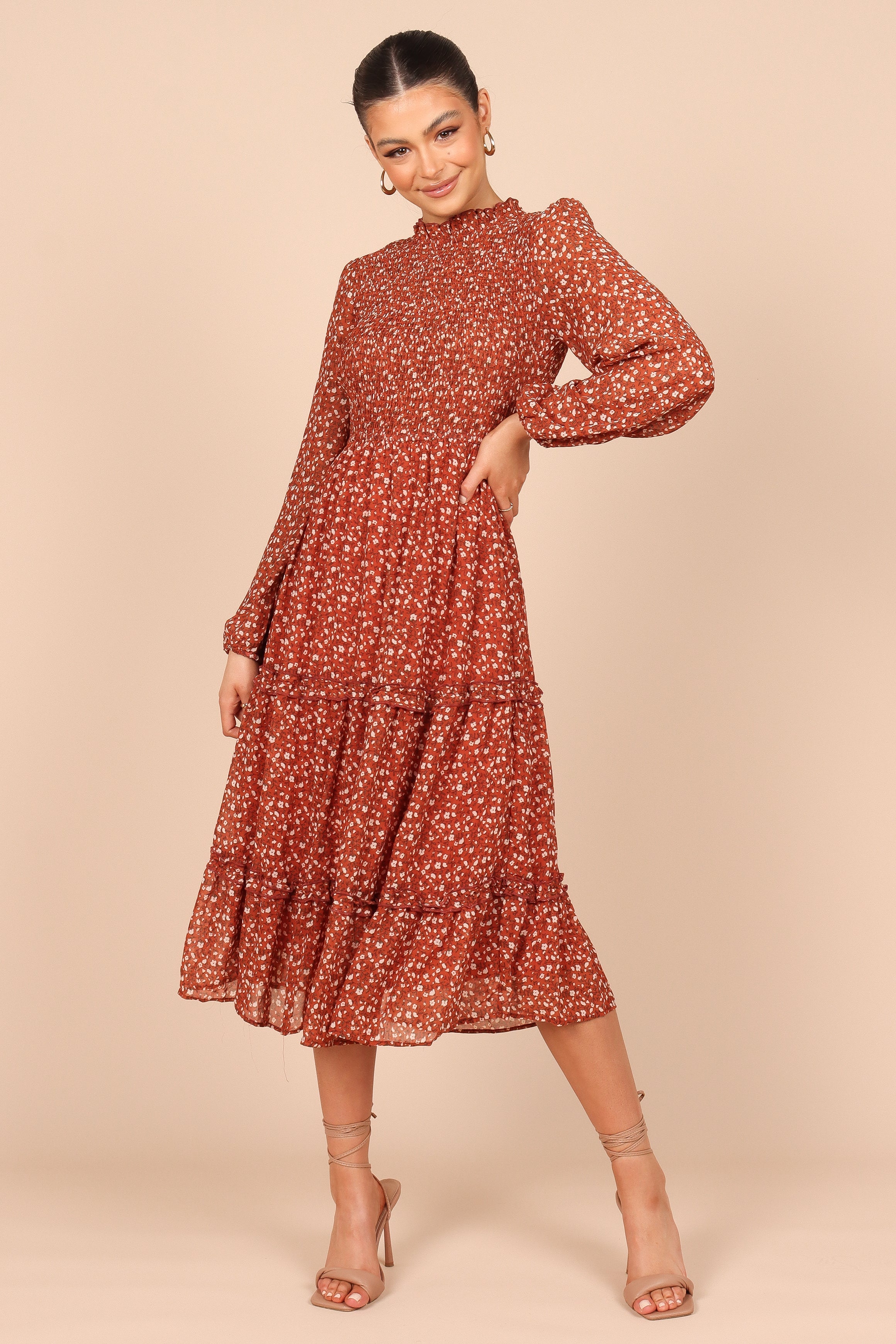 Edwina Women's Rust Floral Shirred Frill Long Sleeve Midi Dress - Elegant Boho Style for Parties, Weddings & Date Nights