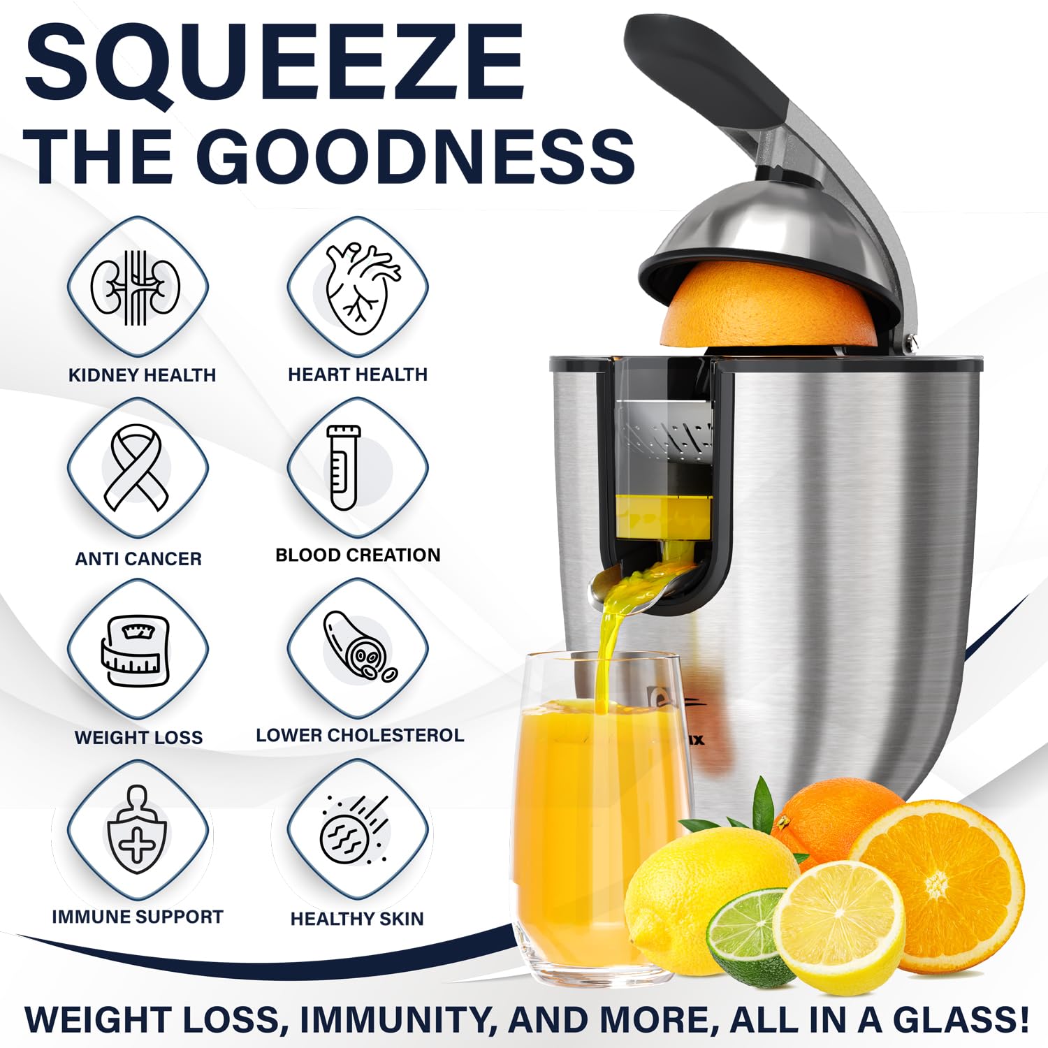 Premium Electric Orange Juicer - Stainless Steel Citrus Squeezer with Powerful Motor, Soft Grip Handle & Auto Shutoff | Dishwasher Safe, Adjustable Pulp Control | Perfect for Fresh Juice, Cocktails, Breakfast & Healthy Living