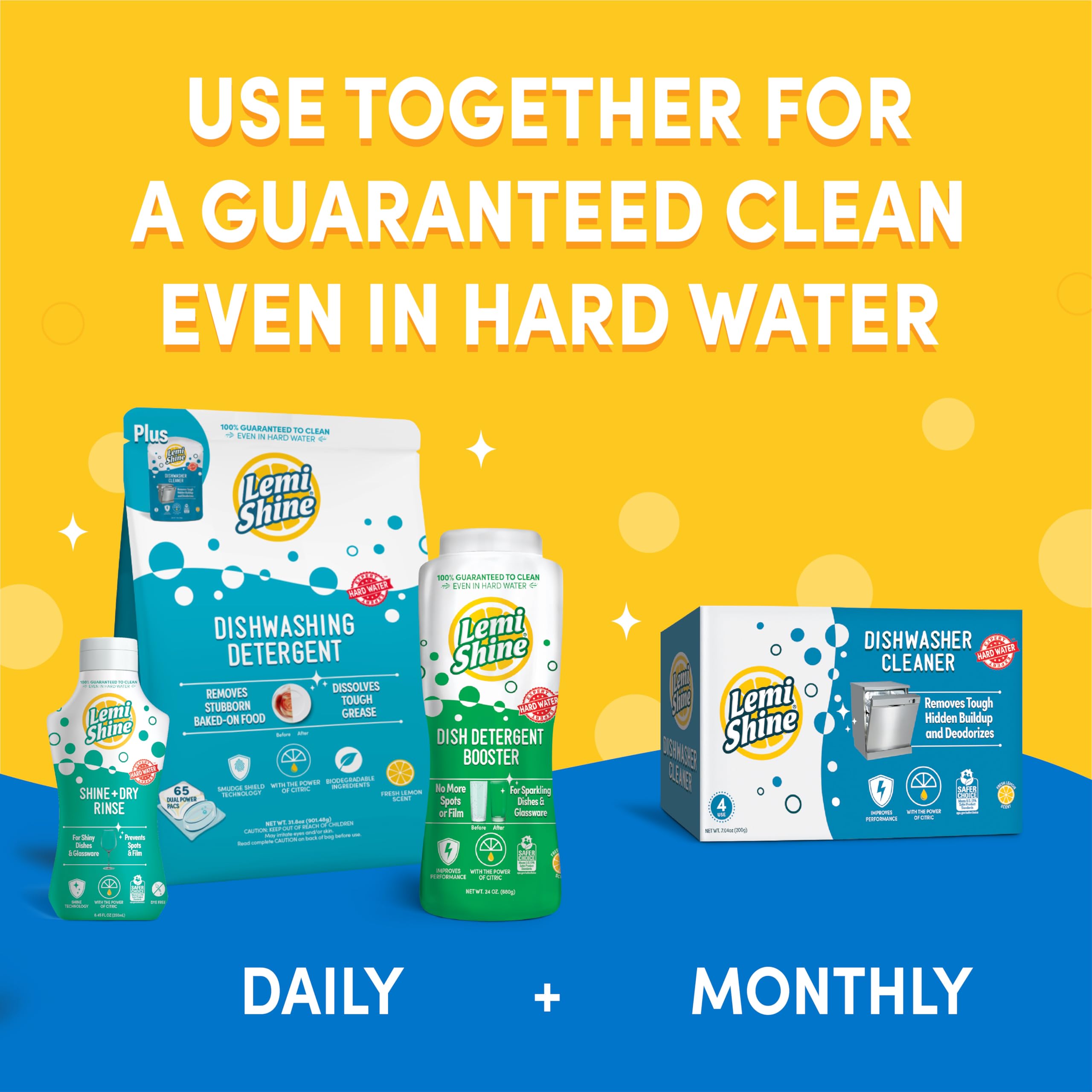 Lemi Shine Natural Dishwasher Detergent Pods + Cleaner - 65 Count | All-In-One Powder & Gel Pods with Citric Acid | Eco-Friendly Dishwashing Supplies for Sparkling Clean Dishes | Perfect for Daily Use in Homes & Restaurants