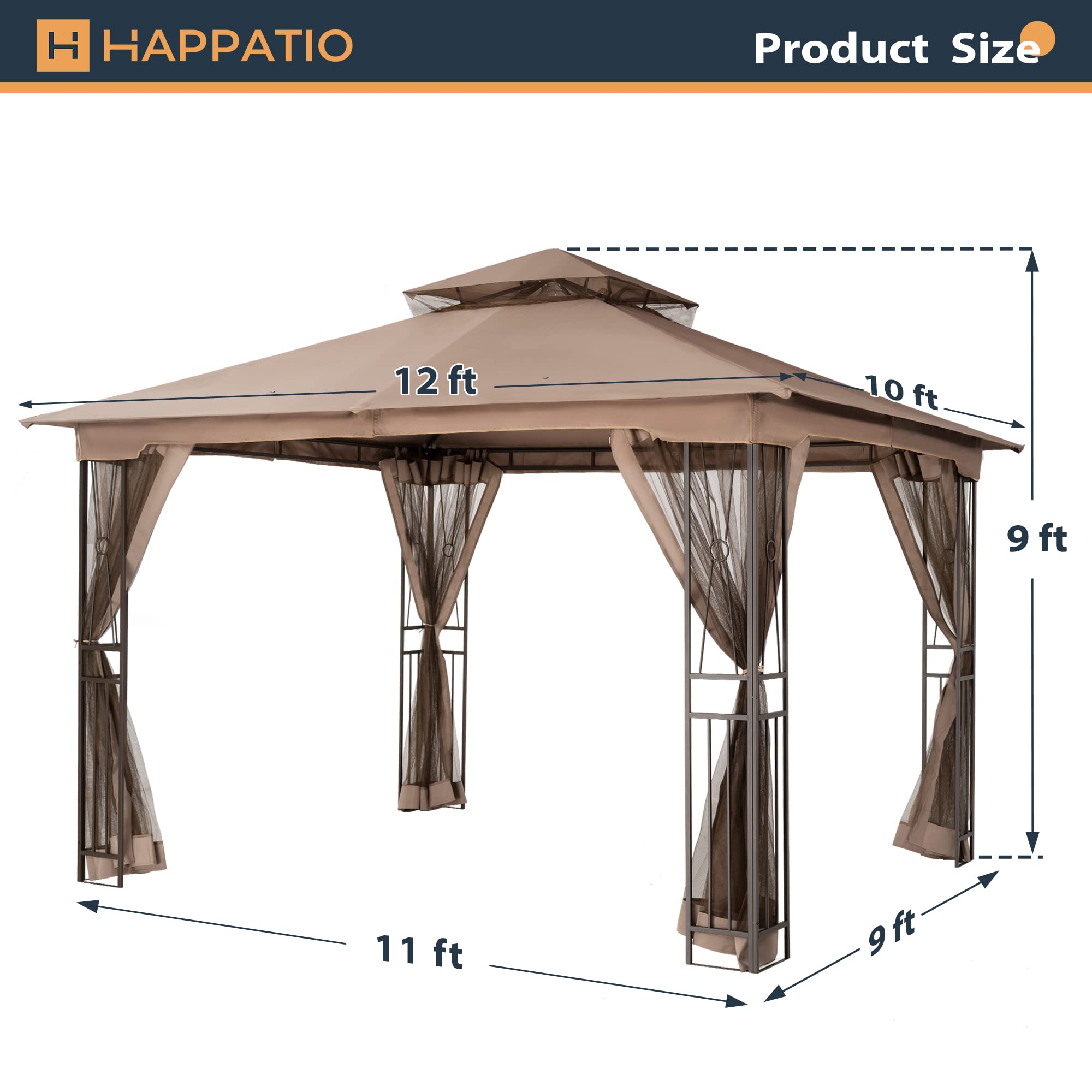 HAPPATIO 10' X 12' Outdoor Patio Gazebo with Canopy - Waterproof Garden Gazebo for Backyard, Deck, and Outdoor Parties - Perfect for Shade and Relaxation in Your Yard