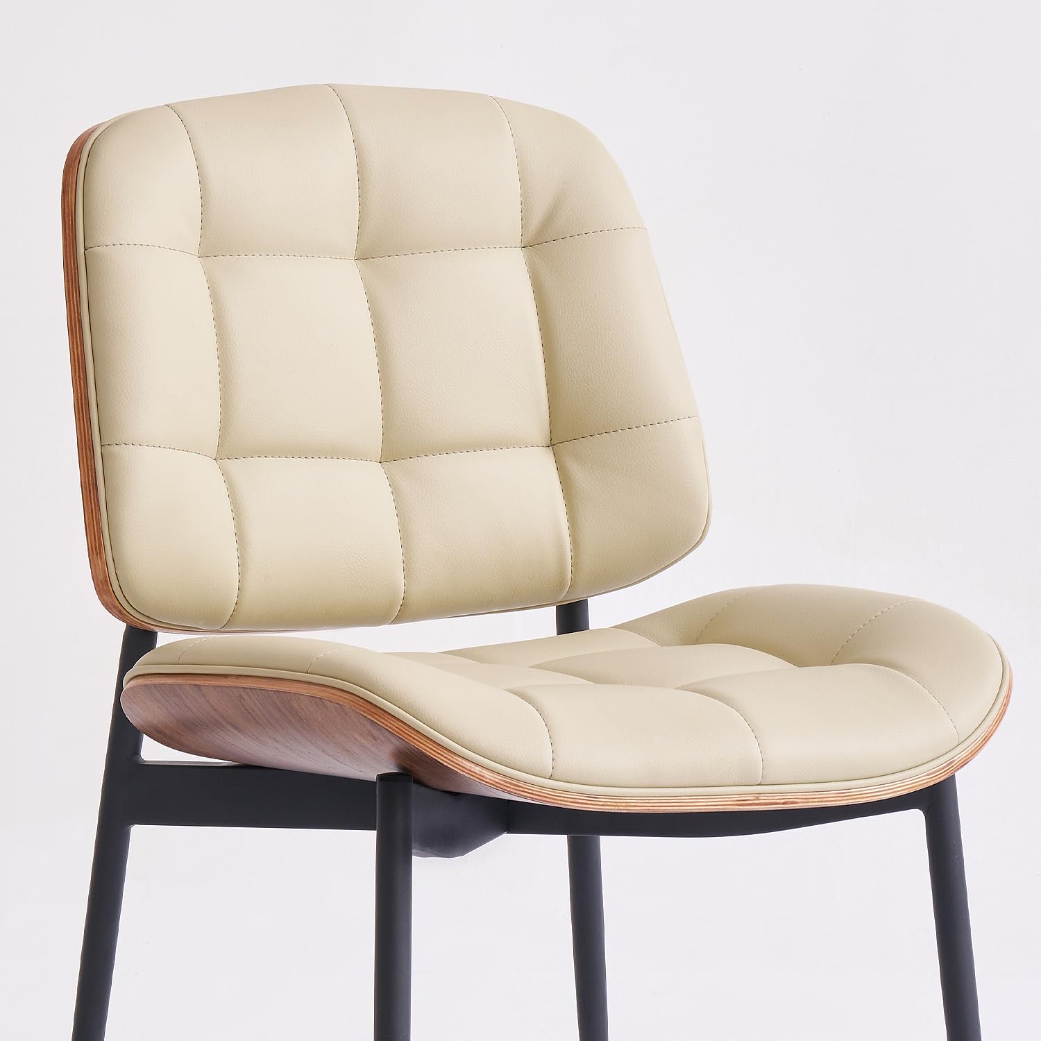 Mid Century Modern Dining Chairs Set of 4 - Walnut Grain Back, Beige Faux Leather Upholstery, Checkered Soft Cushion & Adjustable Foot Pads - Elegant Kitchen & Dining Room Chairs for Home, Restaurant or Cafe