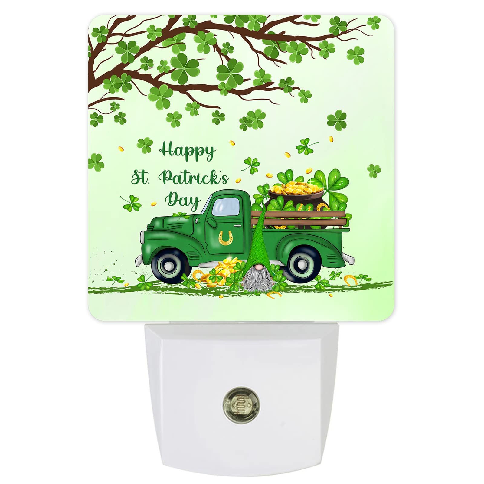 LED Night Light Plug in with Auto Sensor - St. Patrick's Day Shamrock Tree Gnome Truck Green Square Dimmable Night Light for Kids, Bedroom, Bathroom & Hallway Decor | Perfect for Nighttime Safety & Nursery Room Lighting