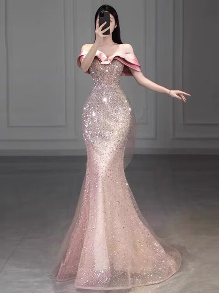 Elegant Off-The-Shoulder Pink Mermaid Sequin Prom Dress J2960 - Perfect for Homecoming, Evening Gala & Special Occasions