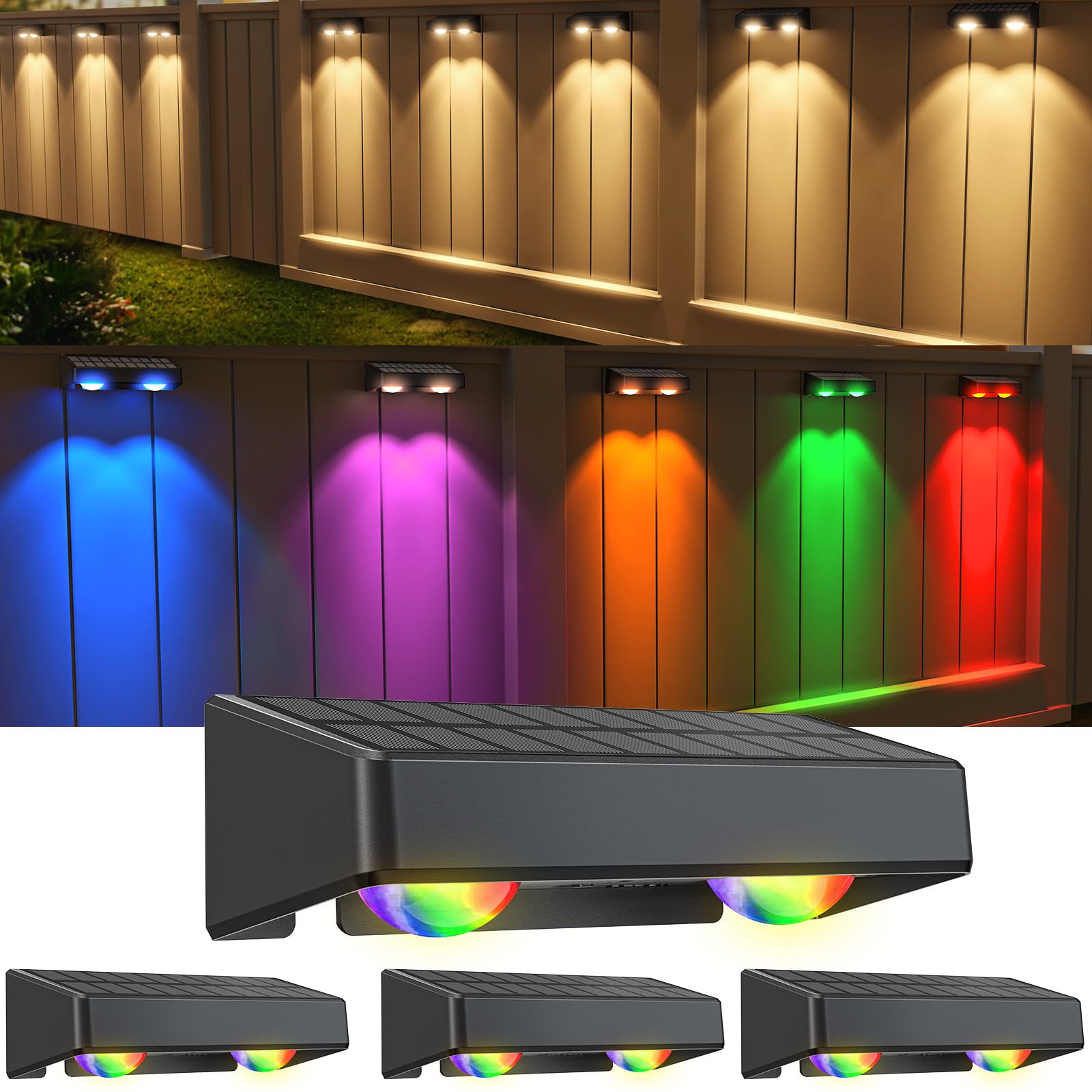 Quntis 4 Pack Solar Lights Outdoor, RGBWW Solar Fence Lights with 11 Color Modes, IP65 Waterproof Solar Deck Lights, Auto On/Off Dusk to Dawn - Solar Garden Lights for Wall, Yard, Patio, Railing Decoration (Perfect for Landscape Lighting, Pathway Illumination & Outdoor Ambiance)