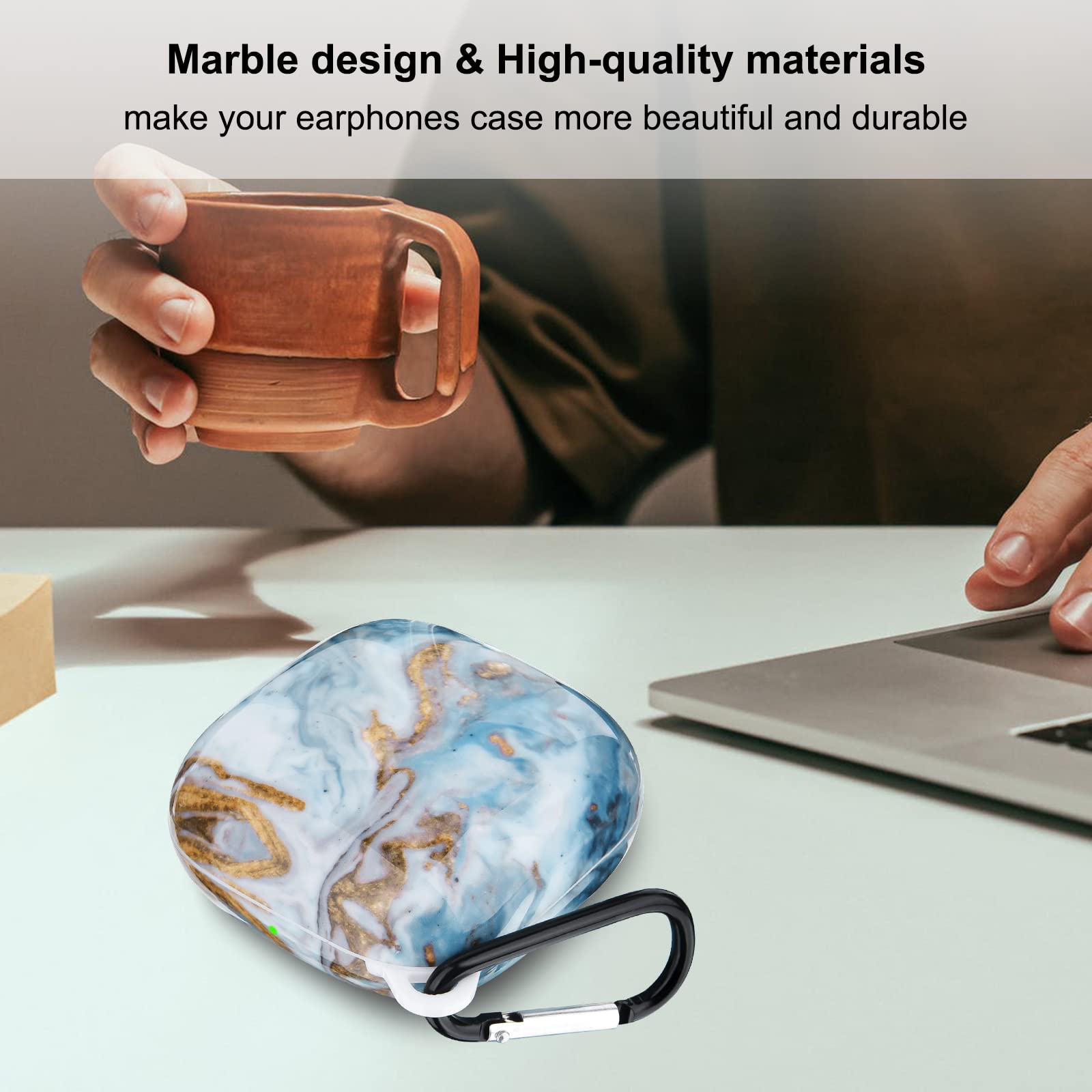 Shockproof Protective Case for Beats Powerbeats Pro - Upgraded Anti-Lost Design with Carabiner Clip, Marble Blue | Perfect for Gym, Running, Travel & Outdoor Activities