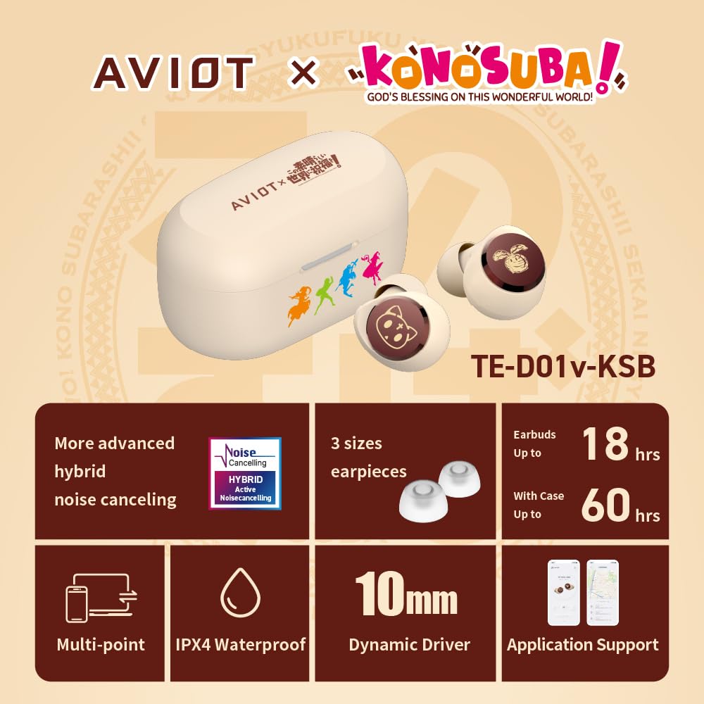 AVIOT KonoSuba Wireless Earbuds TE-D01v-KSB - Official Licensed Anime Earbuds with Noise Cancelling, Japanese Voice & Special Edition Design | Perfect for Anime Fans, Gaming & Commuting