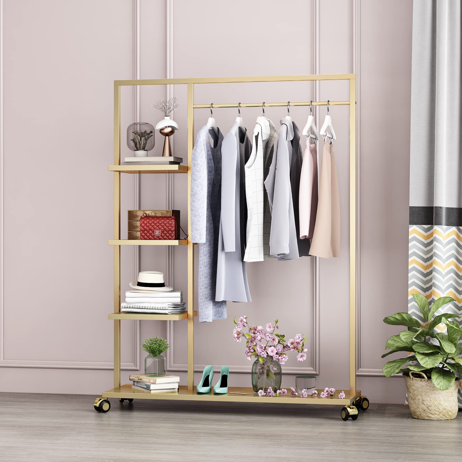 Stylish Gold Clothing Rack with Shelf - Heavy Duty Garment Rack for Boutique & Home Use - Multi-Purpose Hanging Organizer for Clothes, Accessories & Retail Display (Gold) - Perfect for Bedroom, Closet, Store & Fashion Showroom