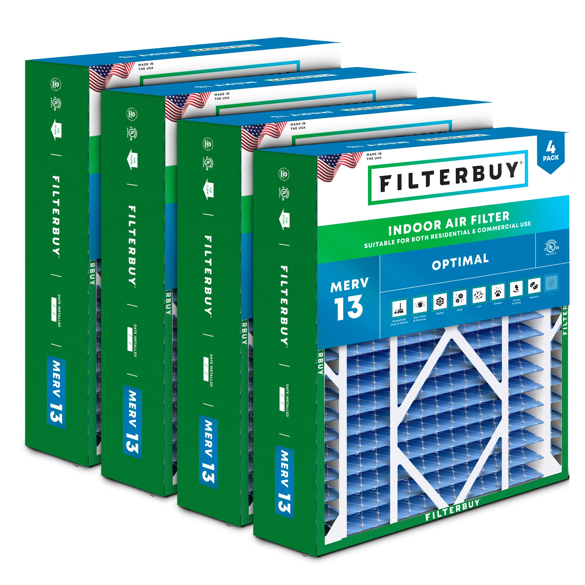 Filterbuy 21x24.5x5 MERV 13 Pleated Air Filter 4-Pack - High Efficiency HVAC Furnace AC Replacement for Rheem, Ruud, Protech (Actual Size 20.63x24.13x4.38) - Perfect for Allergy Relief & Home Air Purification