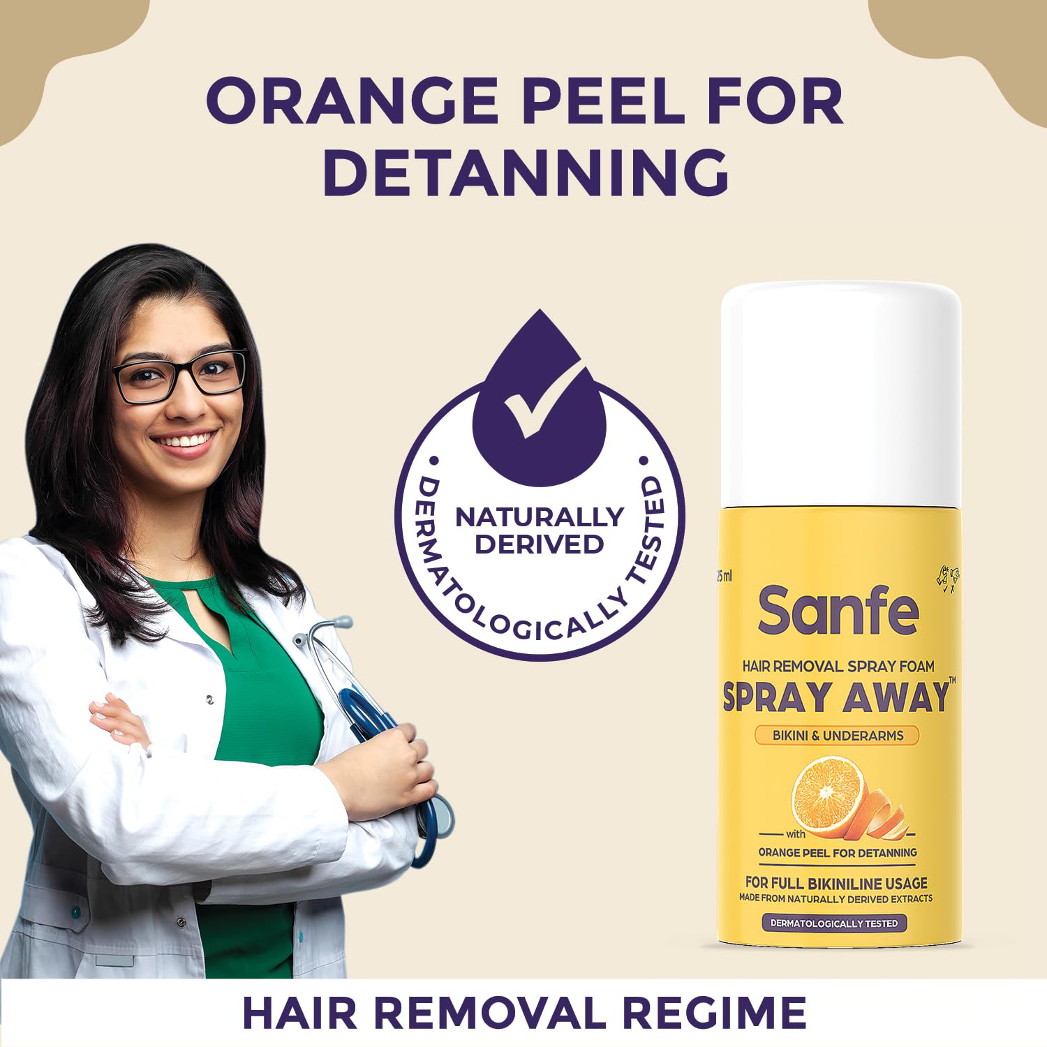Sanfe Painless & Detan Hair Removal Spray Cream - 25ml | Bikini, Chest, Legs, Arms & Underarm Hair Remover | 10-Minute Hair Removal with Skin Brightening | Enriched with Orange Peel, Aloe Vera, Vitamin E & Niacinamide | Perfect for Smooth Skin Before Beach Trips & Summer Outfits