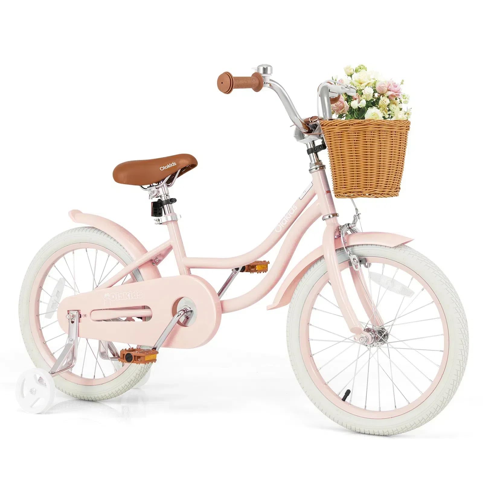 Olakids 14 16 18 Inch Kids Bike with Training Wheels - Adjustable Toddler Bicycle for Boys & Girls Ages 3-8 - Includes Rattan Basket, Safety Bell, Adjustable Seat & Handlebar - Perfect for Neighborhood Rides, Park Adventures & Learning to Cycle