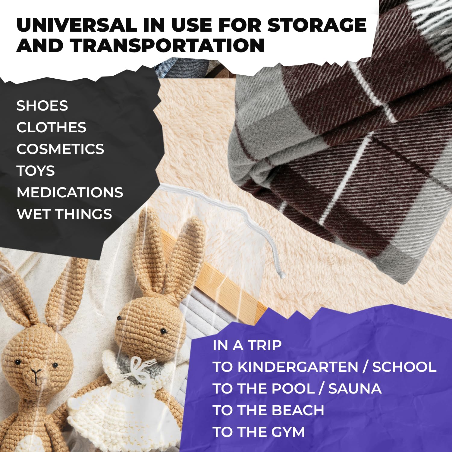 Disposable PE Drawstring Bags 2 Mil Thickness with Double Cotton Drawstrings - Perfect for Travel, Storage & Organization