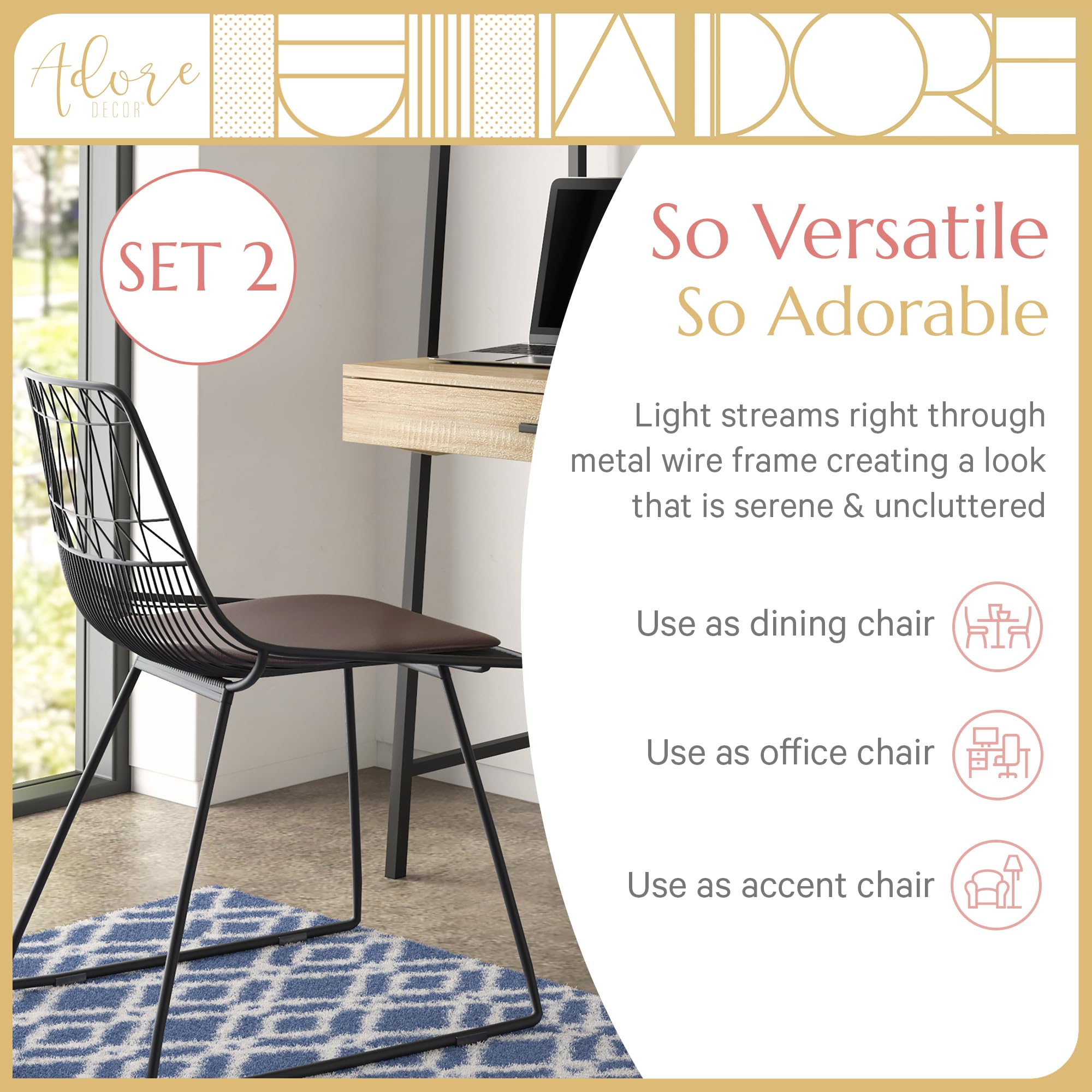 Adore Décor Vivi Modern Dining Chair Set of 4 - Black Upholstered Kitchen Chairs with Metal Legs - Perfect for Dining Room, Kitchen, Restaurant & Office Use