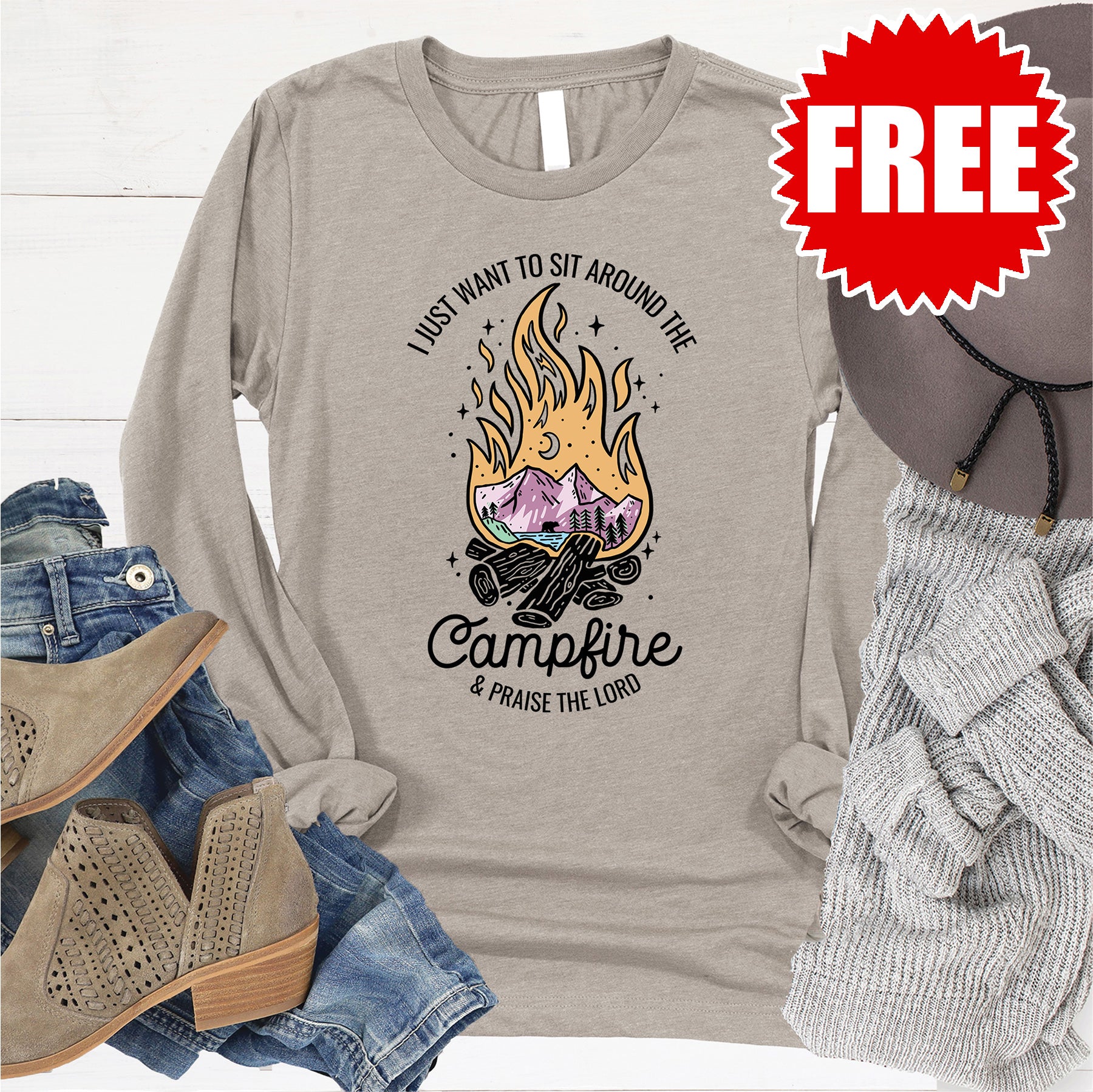 Campfire Long Sleeve Shirt - Heather Stone Color - Comfortable Outdoor Wear for Hiking, Camping & Casual Style