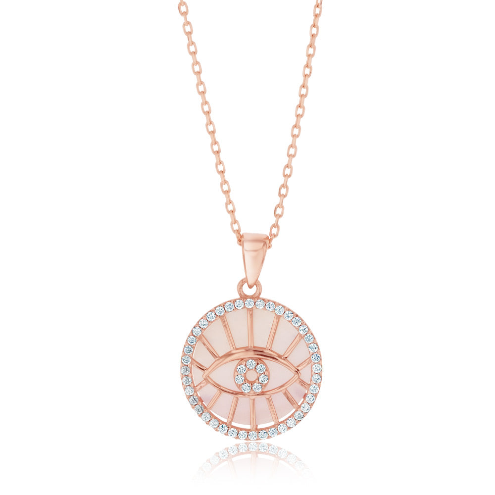 9ct Rose Gold Cubic Zirconia & Mother of Pearl Evil Eye Pendant Necklace - Protection Jewelry for Women, Perfect Gift for Birthday, Anniversary & Everyday Wear