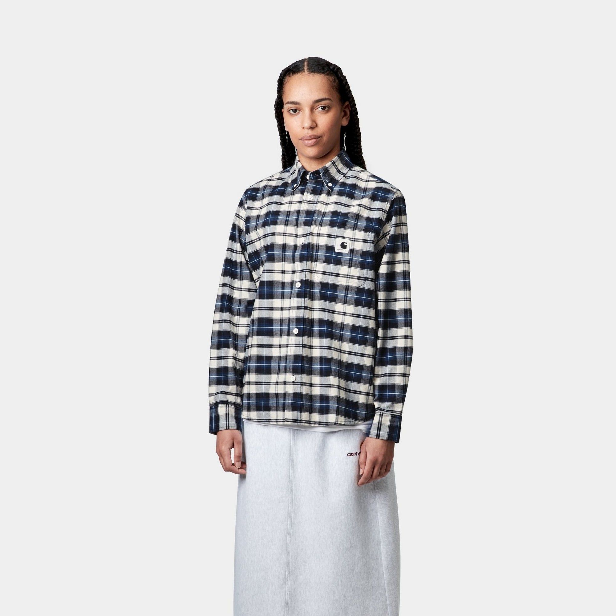 Women's Tarbell Check Flannel Shirt - Dark Navy & White Plaid Long Sleeve Button Down Top for Casual Outfits, Fall Layering & Outdoor Activities