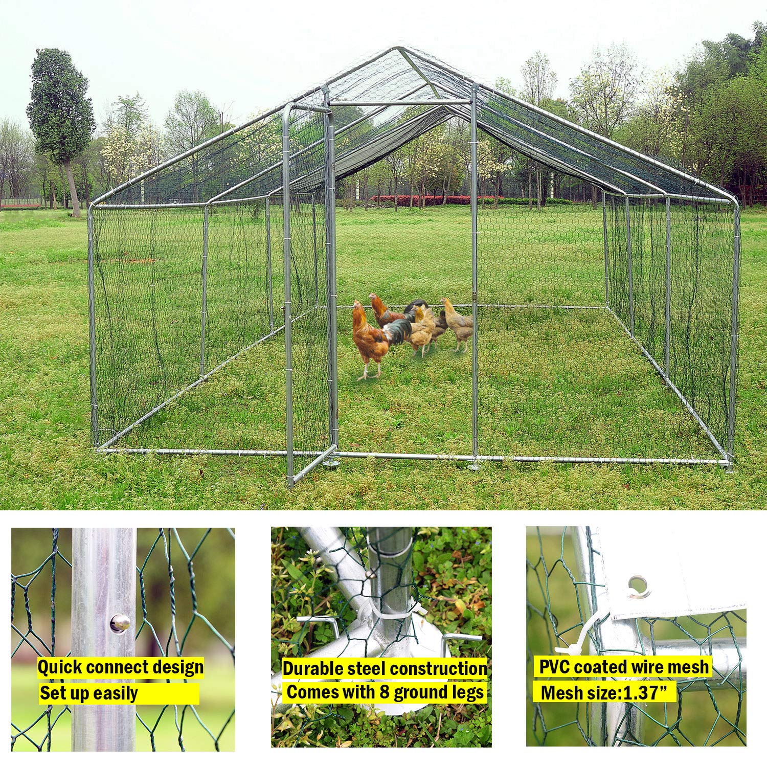 Large Walk-In Chicken Coop for 40 Chickens - 19.7×9.8×6.6ft Galvanized Steel Poultry Cage with Waterproof & UV-Resistant Cover, Spire Top Design - Perfect for Backyard Farming, Outdoor Poultry Housing & Free-Range Chicken Keeping