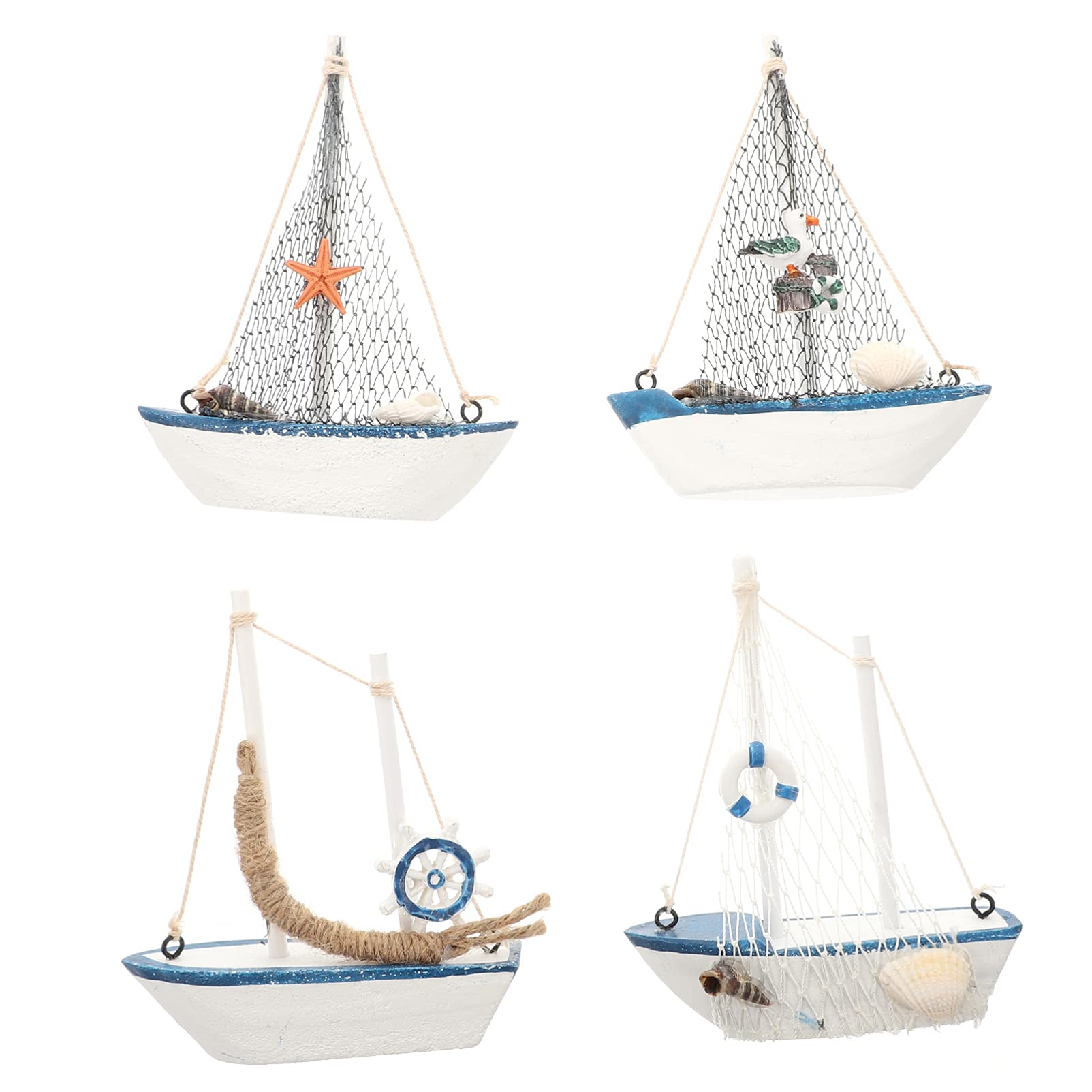 TOYANDONA 4pcs Wooden Sailing Ship Model - Nautical Sailboat Figurine with Fishing Net & Shell Decor - Beach Theme Room Decor, Ocean Table Statue Sculpture - Perfect for Coastal Home Decor, Beach Wedding Centerpieces & Photo Props