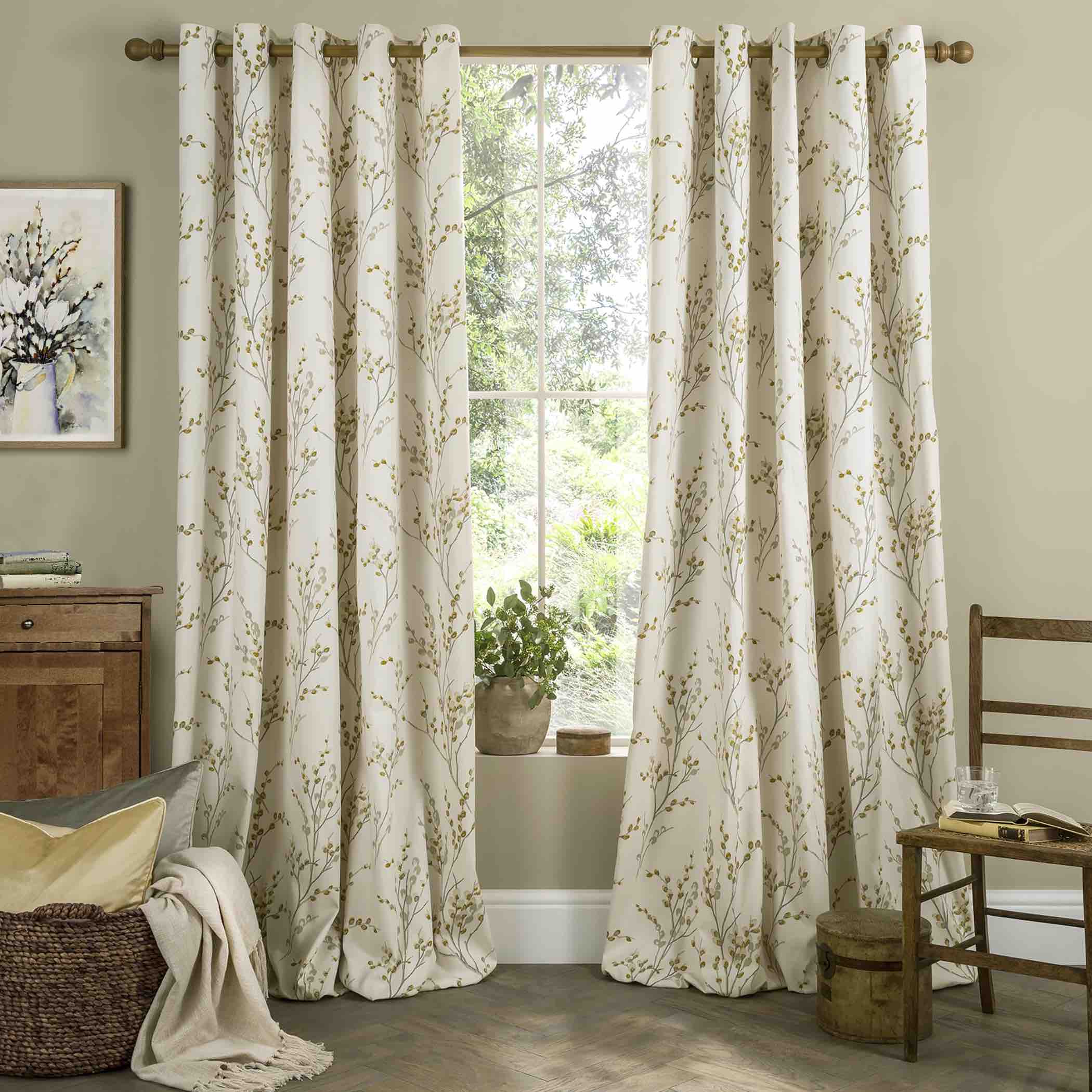 Laura Ashley Pussy Willow Eyelet Curtains in Ochre - Light Filtering Window Drapes for Living Room, Bedroom & Nursery Decor