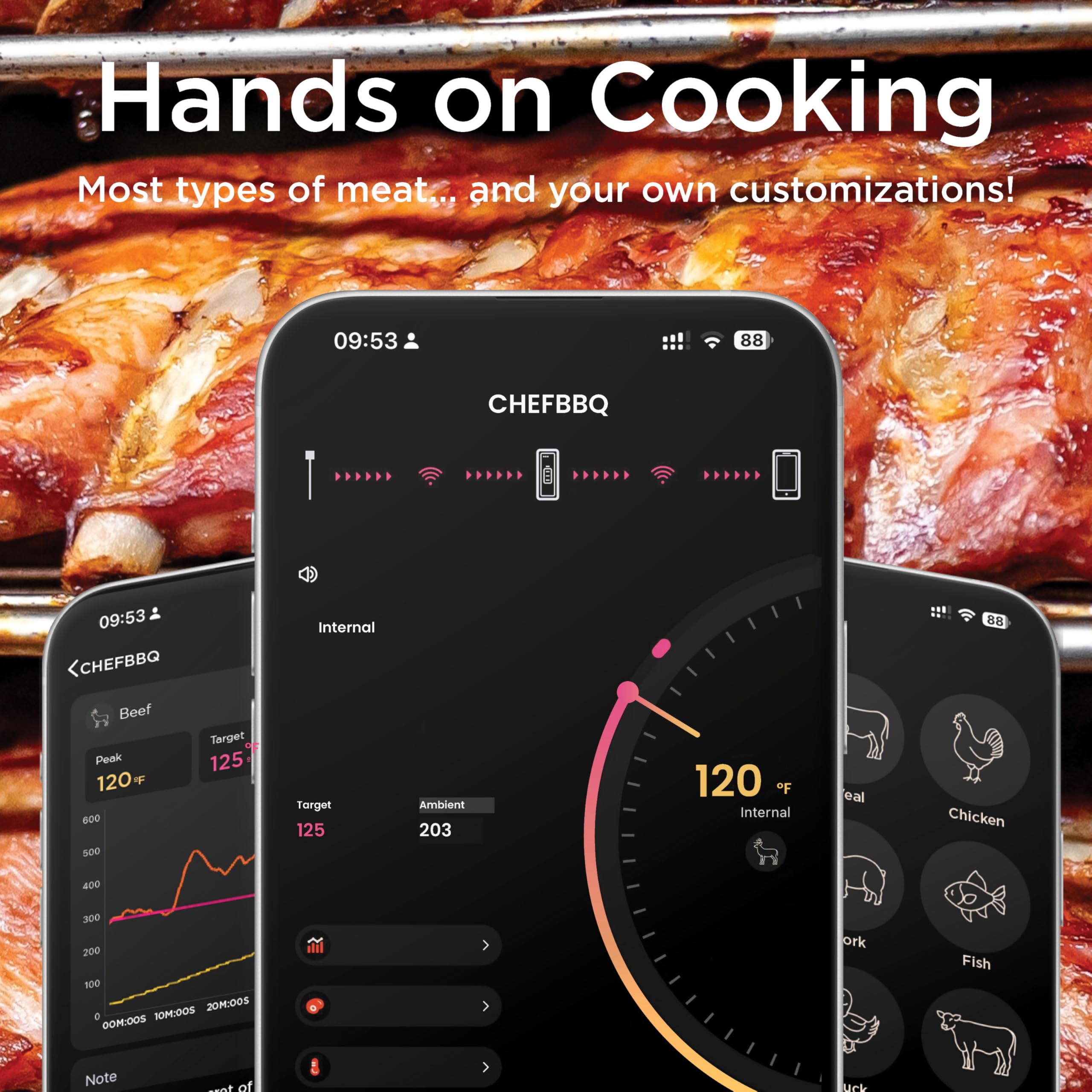 Wireless Meat Thermometer with Digital Probe - Bluetooth BBQ Thermometer for Grilling, Smoking & Oven Cooking - 800ft Range, Internal & Ambient Temp Monitoring - Perfect for Outdoor Cooking, Backyard BBQs & Kitchen Use (Black)