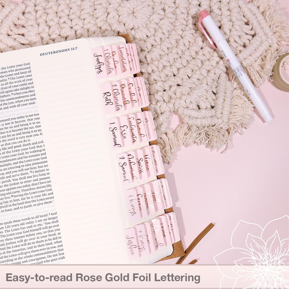 Rose Gold Bible Tabs - 90 Durable Laminated Tabs for Study & Journaling