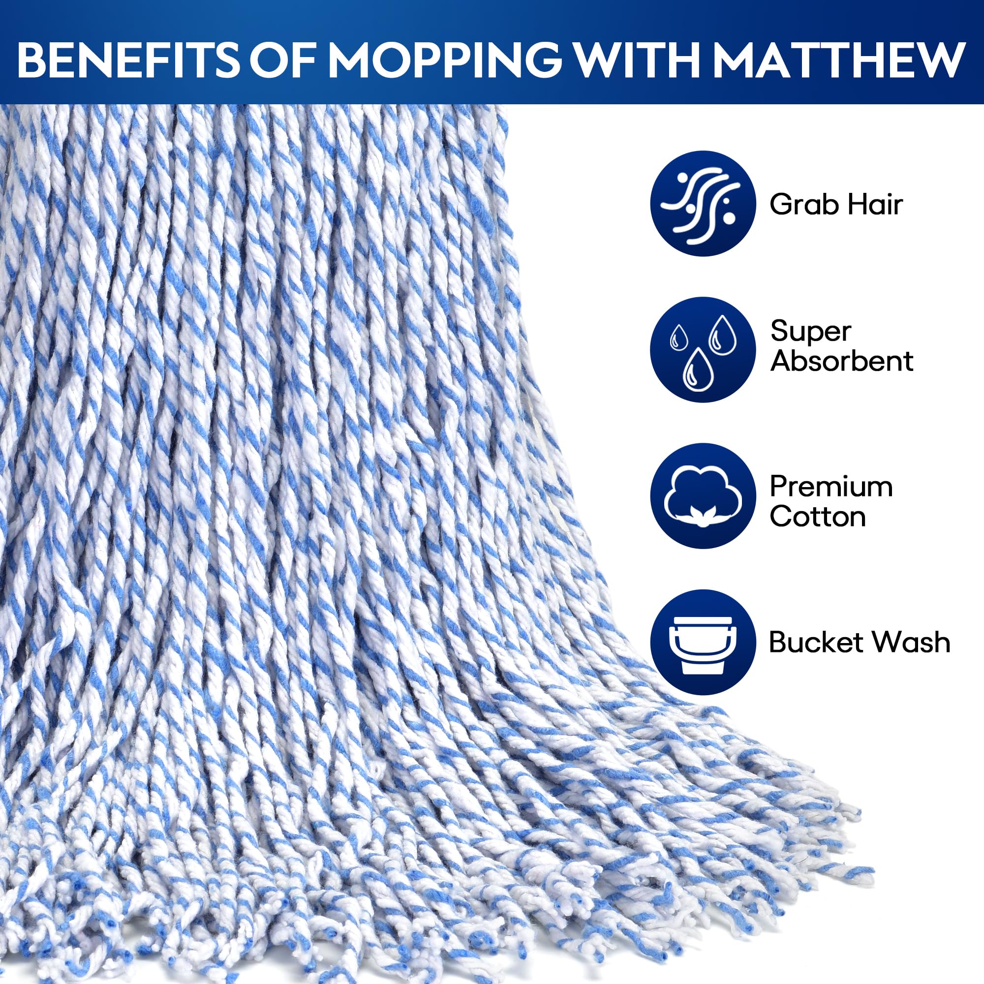 MATTHEW CLEANING Heavy Duty 1.25'' Universal Cotton Wet Mop Head Refill Pack of 6 - Looped-Open Design for Indoor and Outdoor Use, Ideal for Grease Stain Removal and Commercial Floor Cleaning in Kitchens, Garages, and Warehouses
