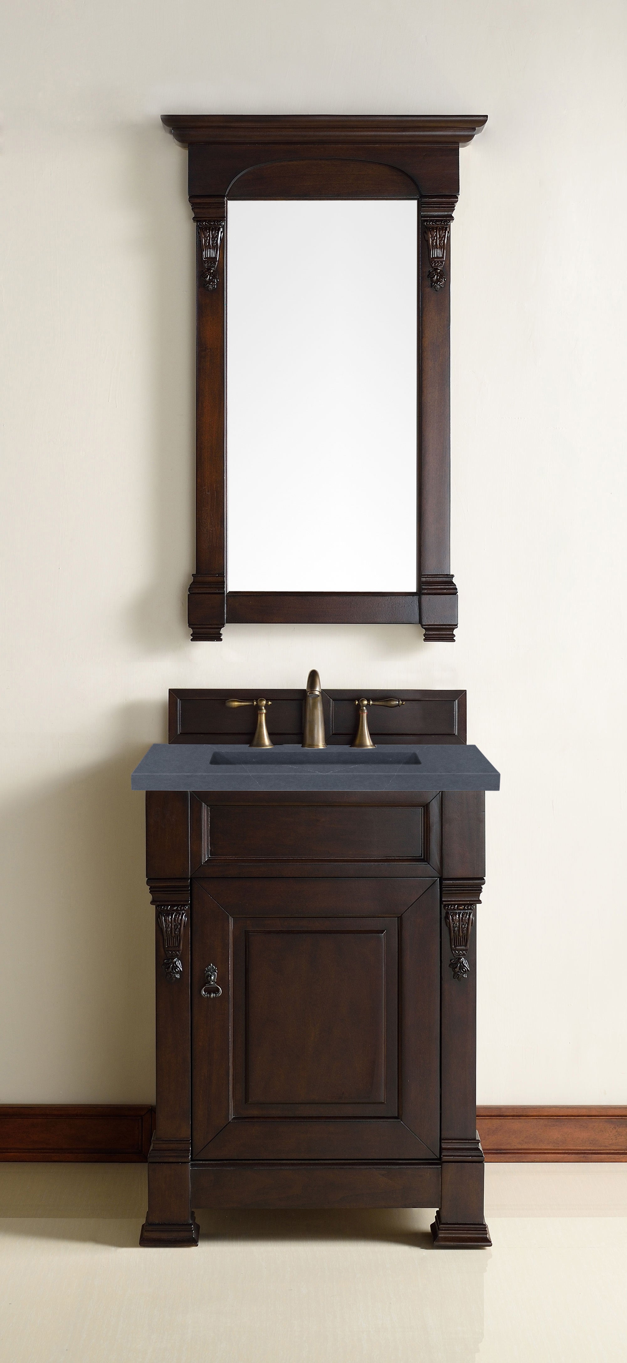 Brookfield 26 Inch Single Bathroom Vanity with Burnished Mahogany Finish & 3CM Charcoal Soapstone Quartz Countertop - Perfect for Small Bathrooms, Powder Rooms & Modern Home Decor