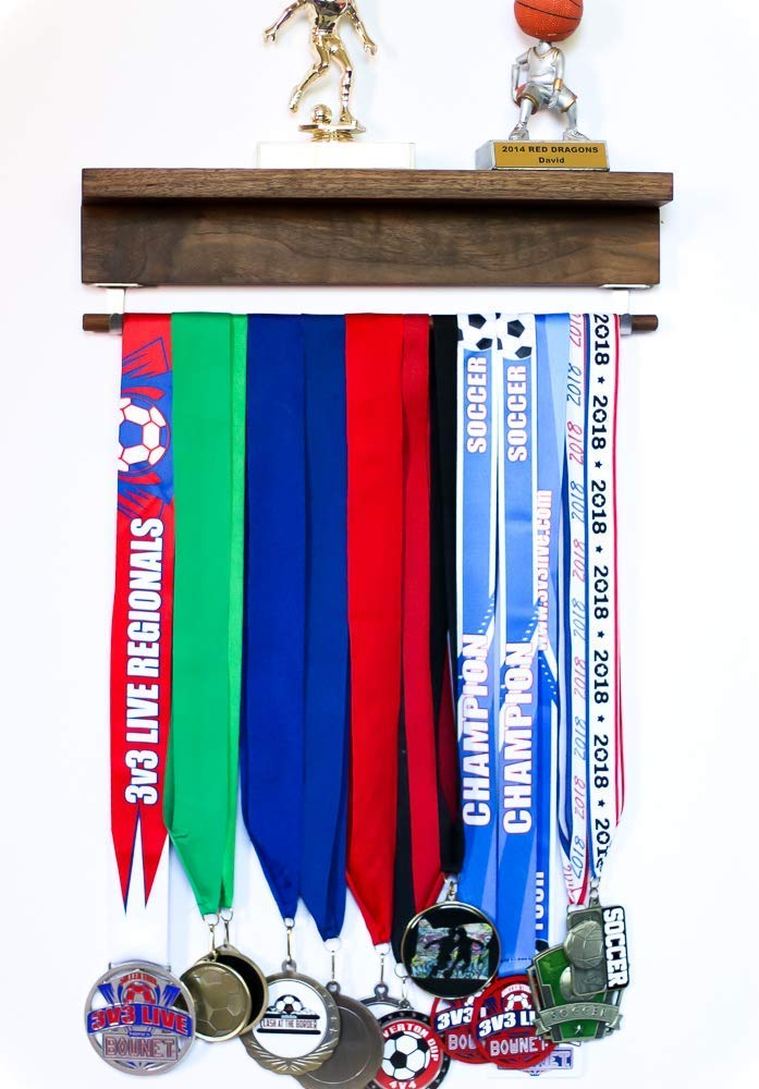 Natural Wood Wall Trophy Holder with Shelf - Medal & Ribbon Display Rack for Sports, Running, Dance Awards - Perfect for Home, Office, or Gym Decor