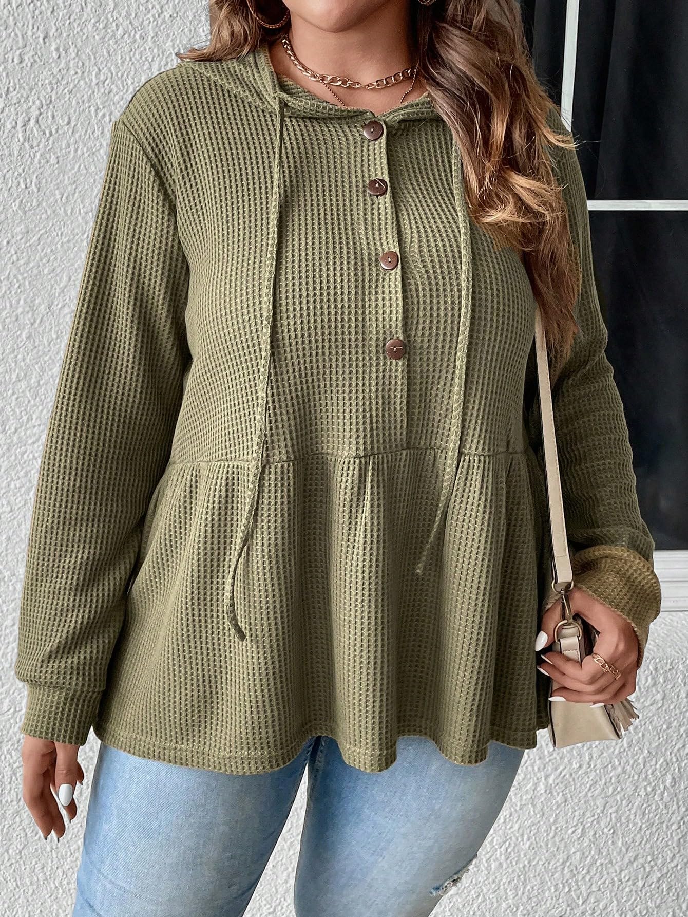 SweatyRocks Women's Plus Size Waffle Knit Ruffle Hem Hoodie - Button Front Drawstring Pullover for Casual Wear & Loungewear