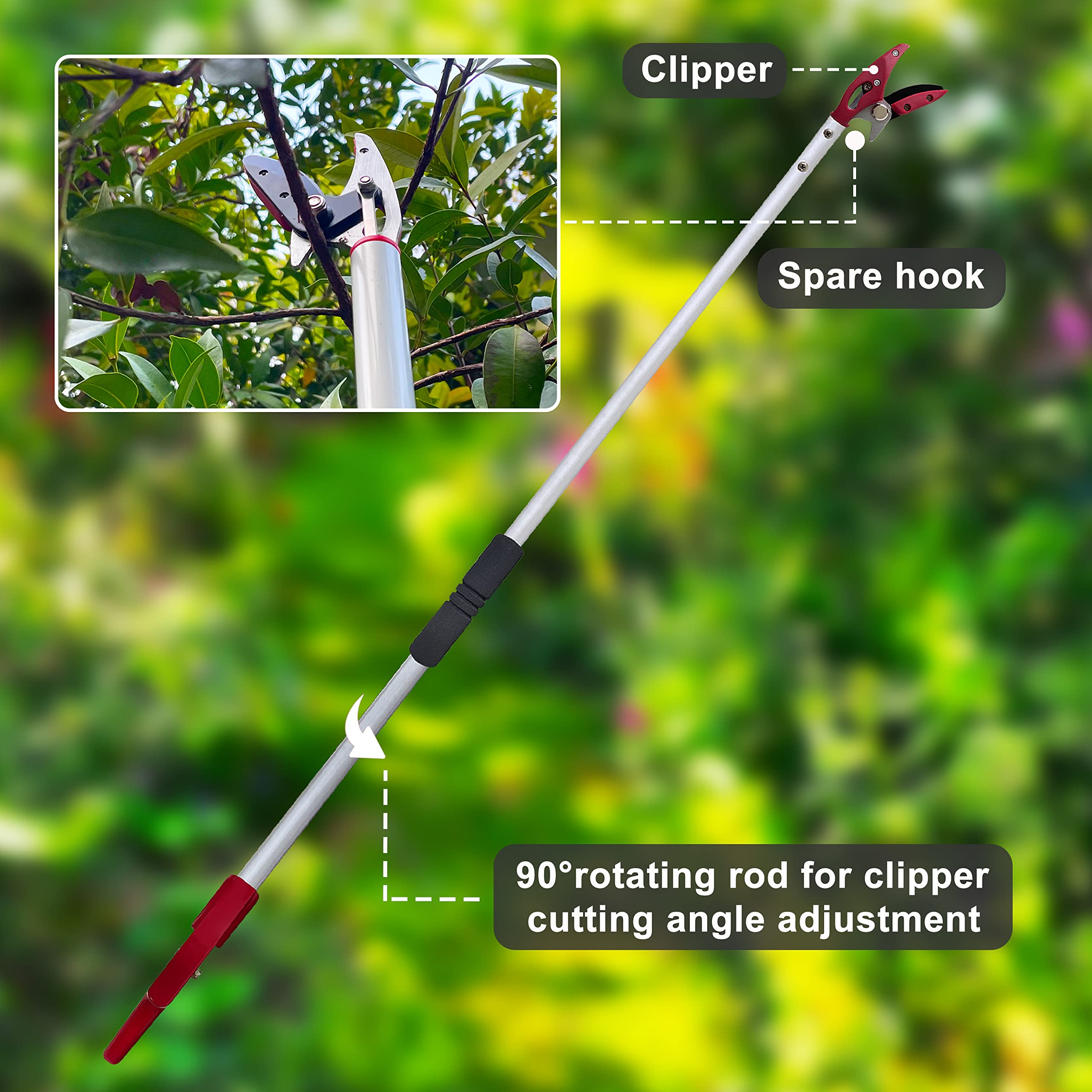 6FT Tree Trimmer Pole Pruner - Lightweight Aluminum Long Reach Pruning Shears with Cut & Hold Function - Perfect for Fruit Picking, Branch Trimming and Garden Maintenance (Ideal for Tall Trees & Hard-to-Reach Branches)